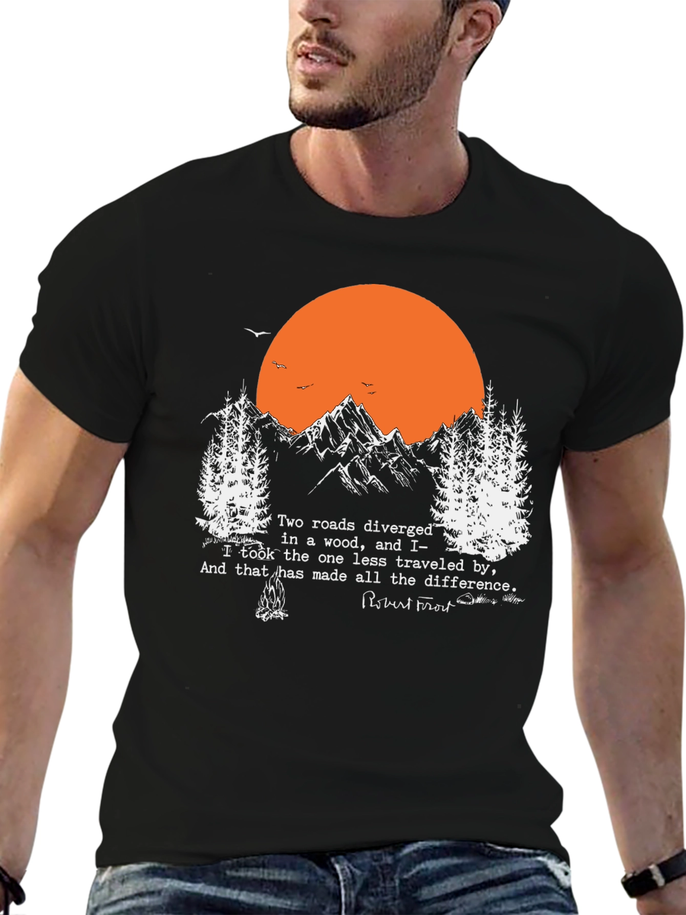 Black Robert Frost Mountain Tee - Two Roads Poem T-Shirt view 6