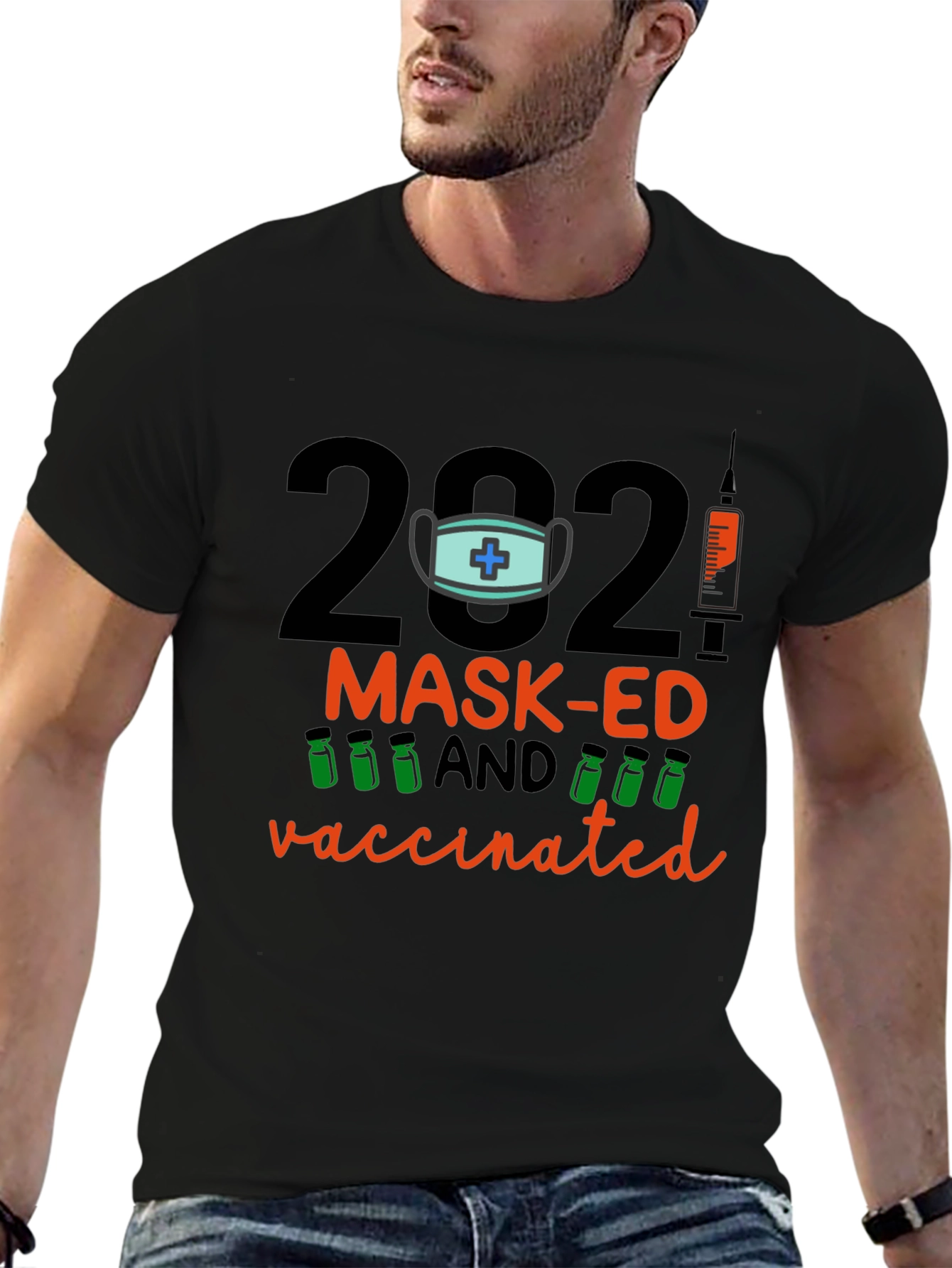 Black 2021 Mask-Ed and Vaccinated Graphic T-Shirt view 6