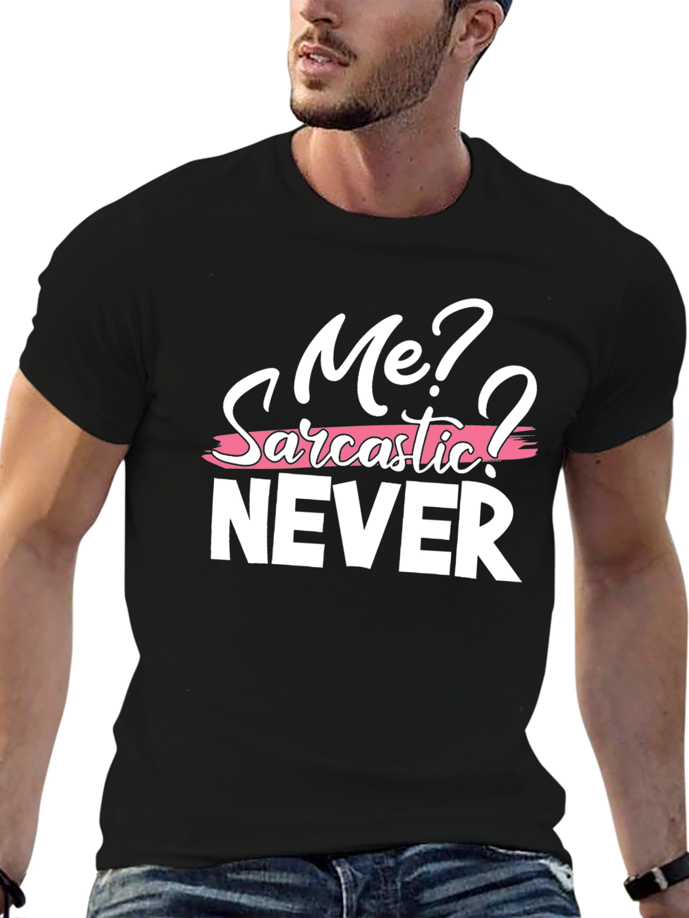 Black Sarcastic Humor Graphic Tee - Me? Never! T-Shirt view 6