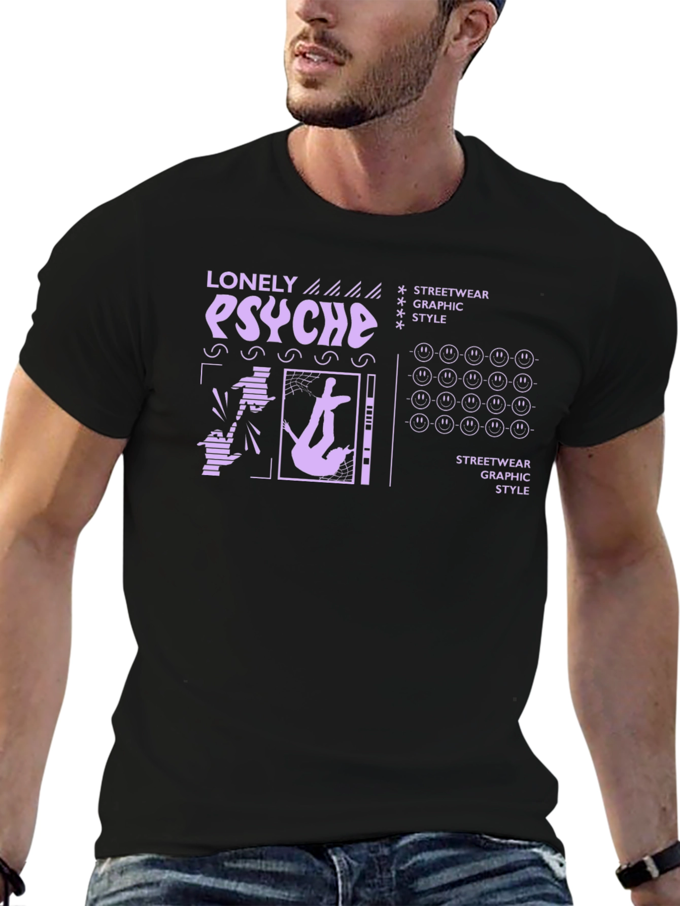 Black Lonely Psyche Graphic Print T-Shirt - Streetwear Style view 6
