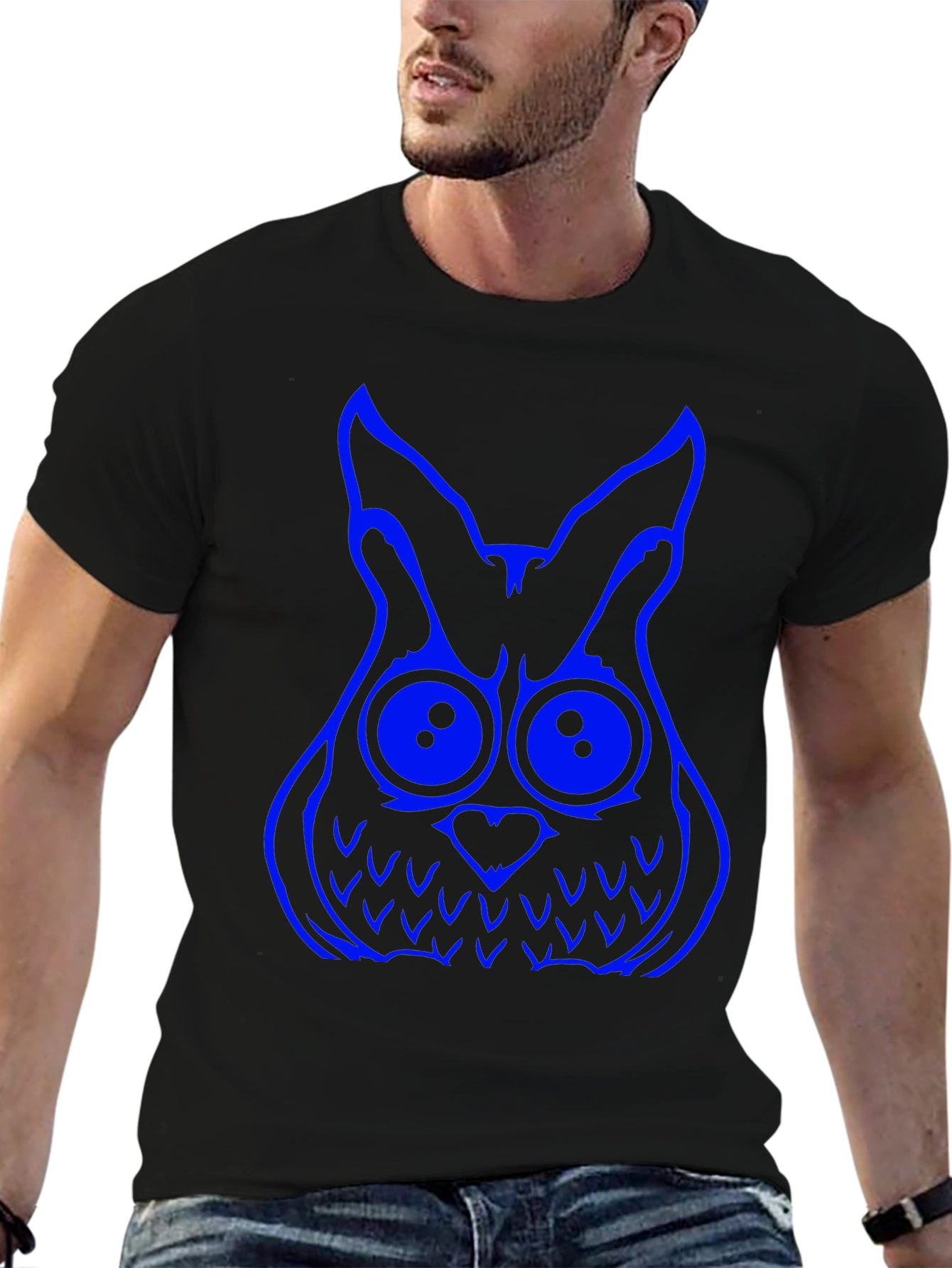 Black Cool Owl Graphic Tee - Black Cotton T-Shirt view 6