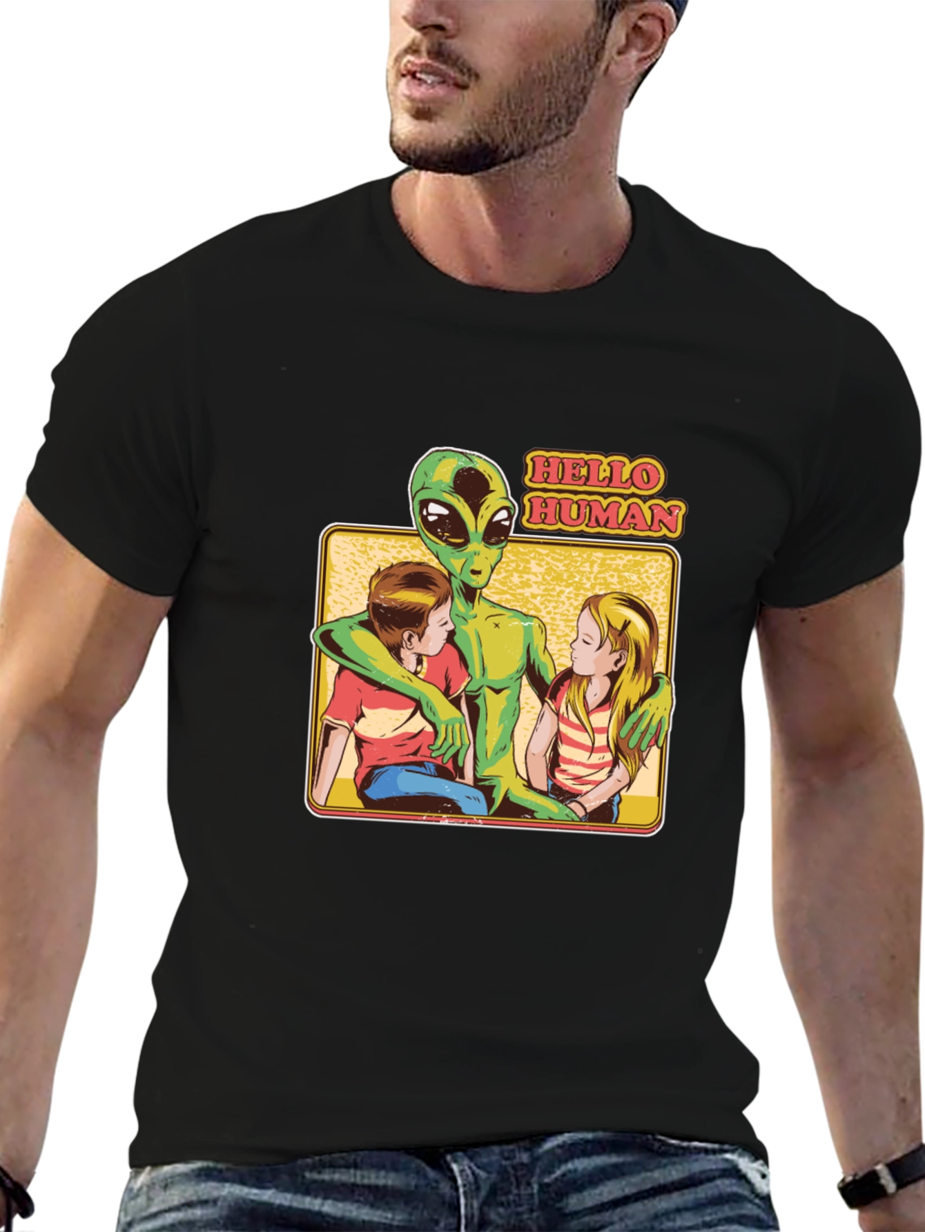 Black Hello Human Alien Graphic T-Shirt view 6