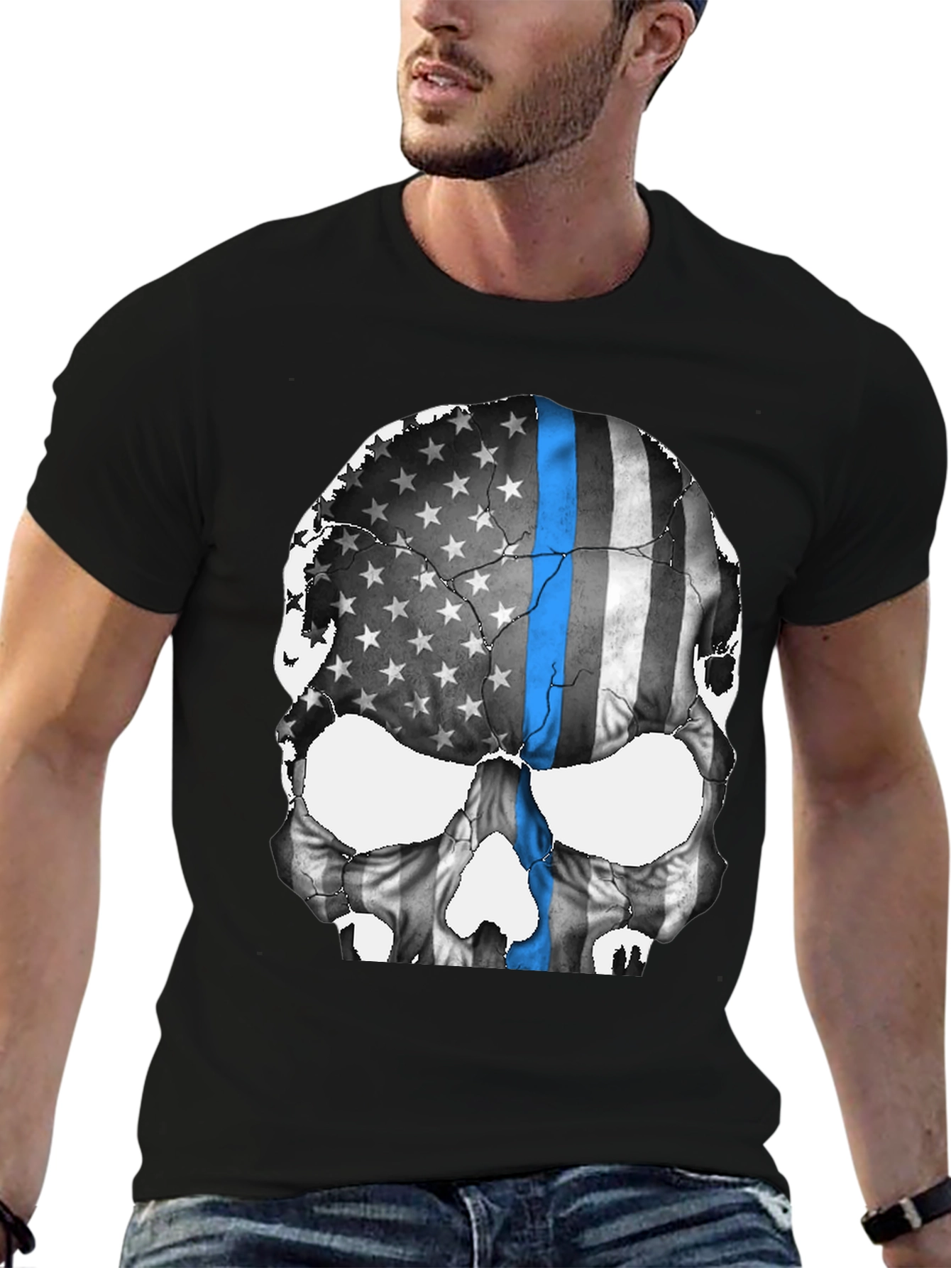 Black Skull Flag Graphic Tee - Thin Blue Line Support view 6