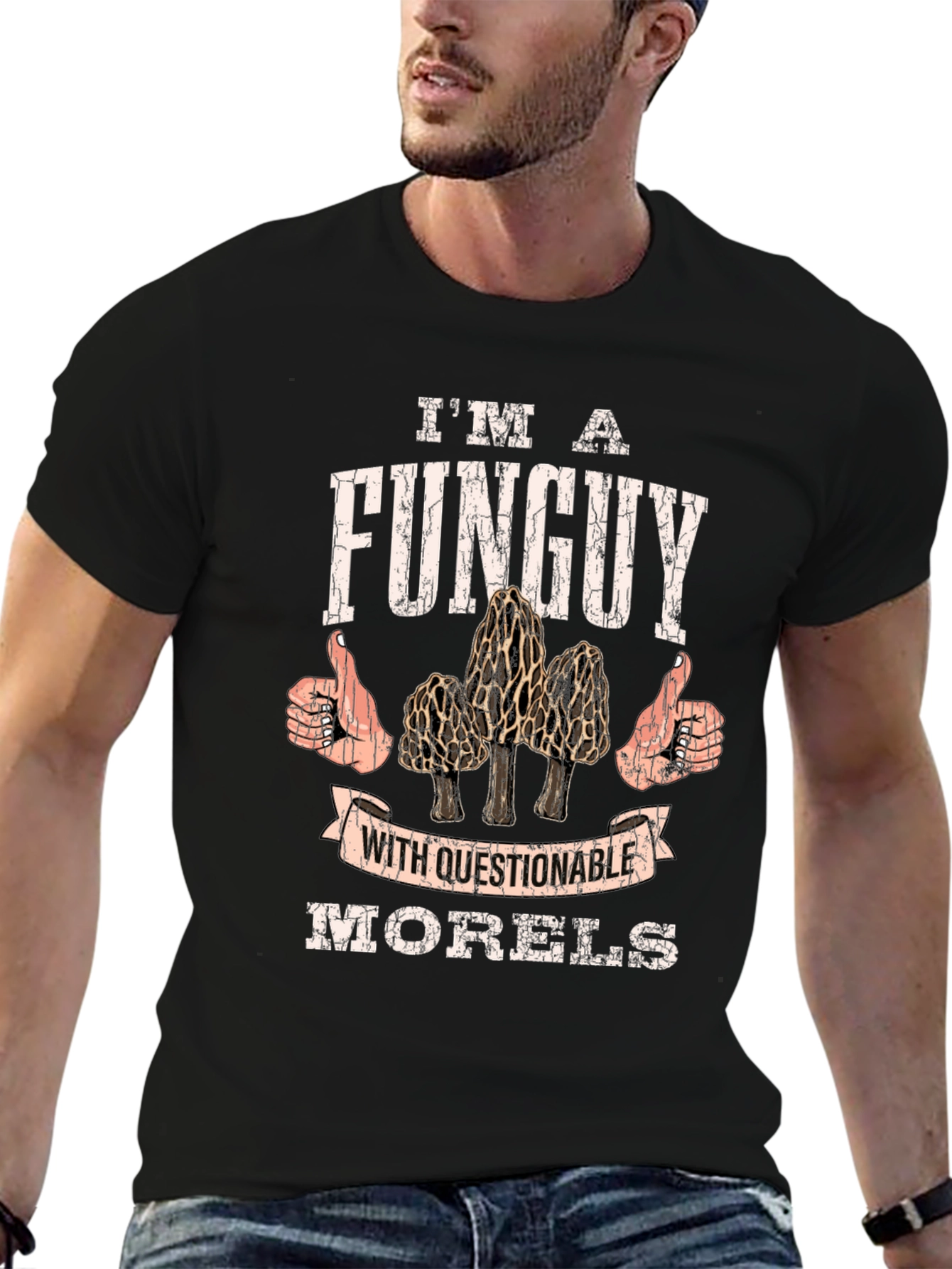 Black Funguy Morel Mushroom T-Shirt - Funny Gift view 6