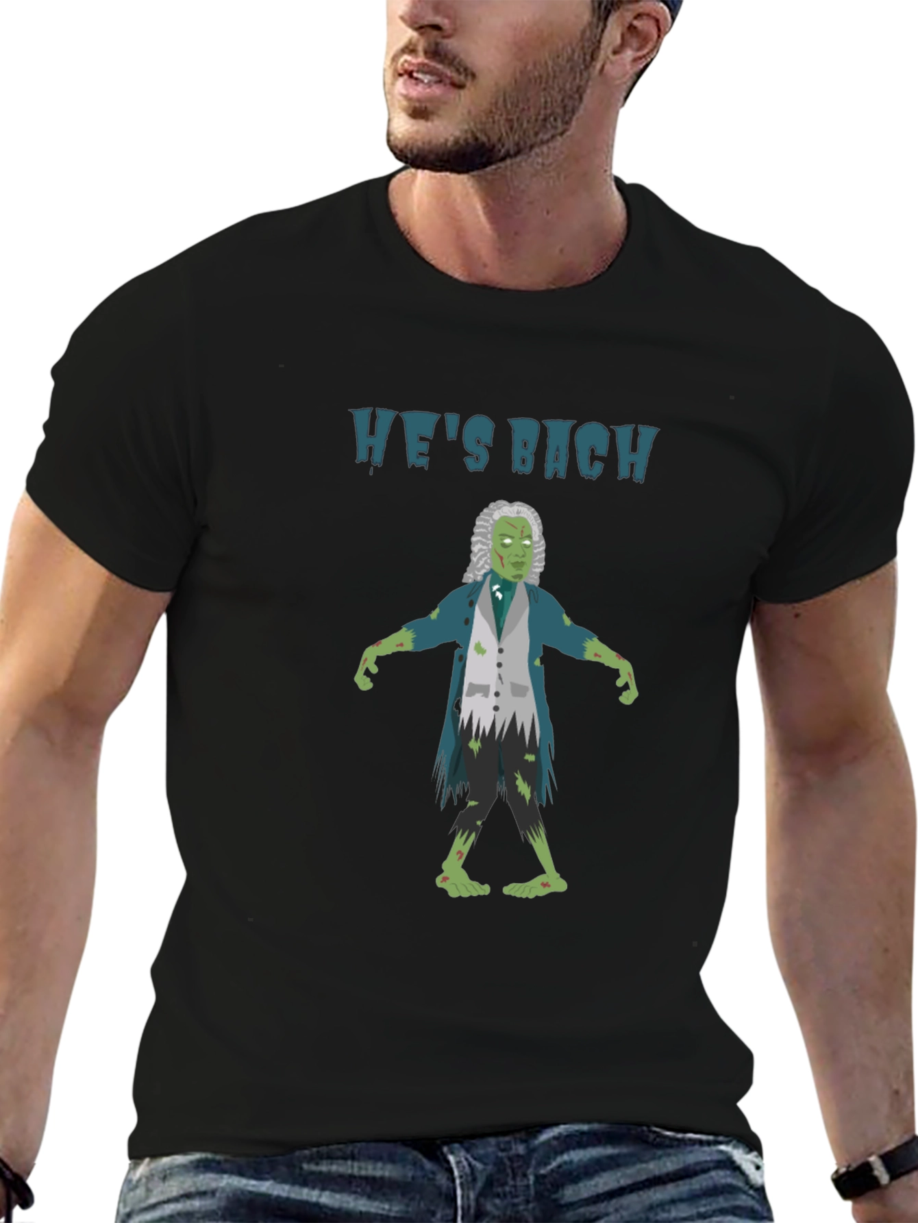 Black He's Bach Zombie T-Shirt: Musical Horror Humor view 6
