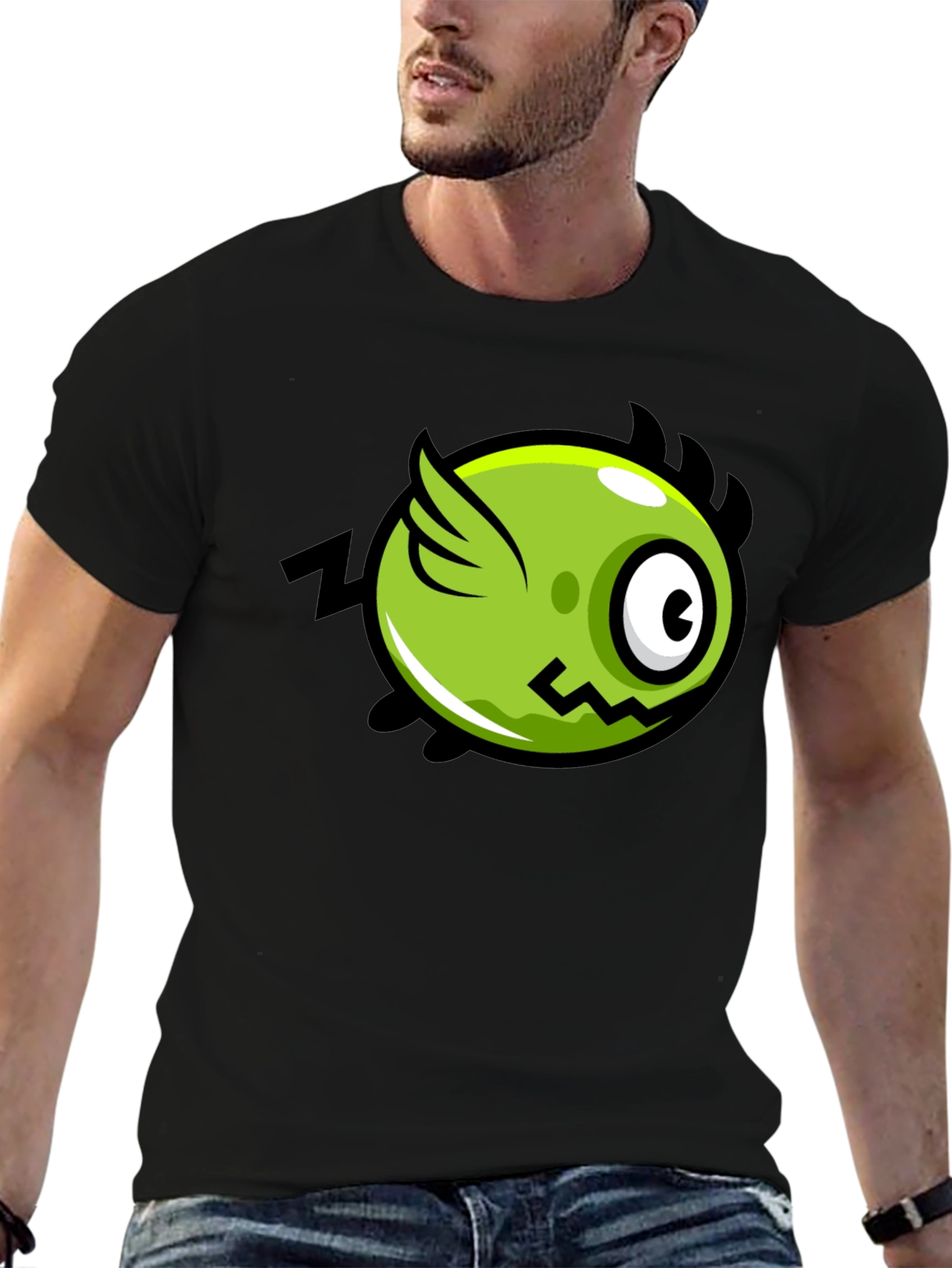 Black Funky Green Flying Eye Cartoon Black Tee view 6