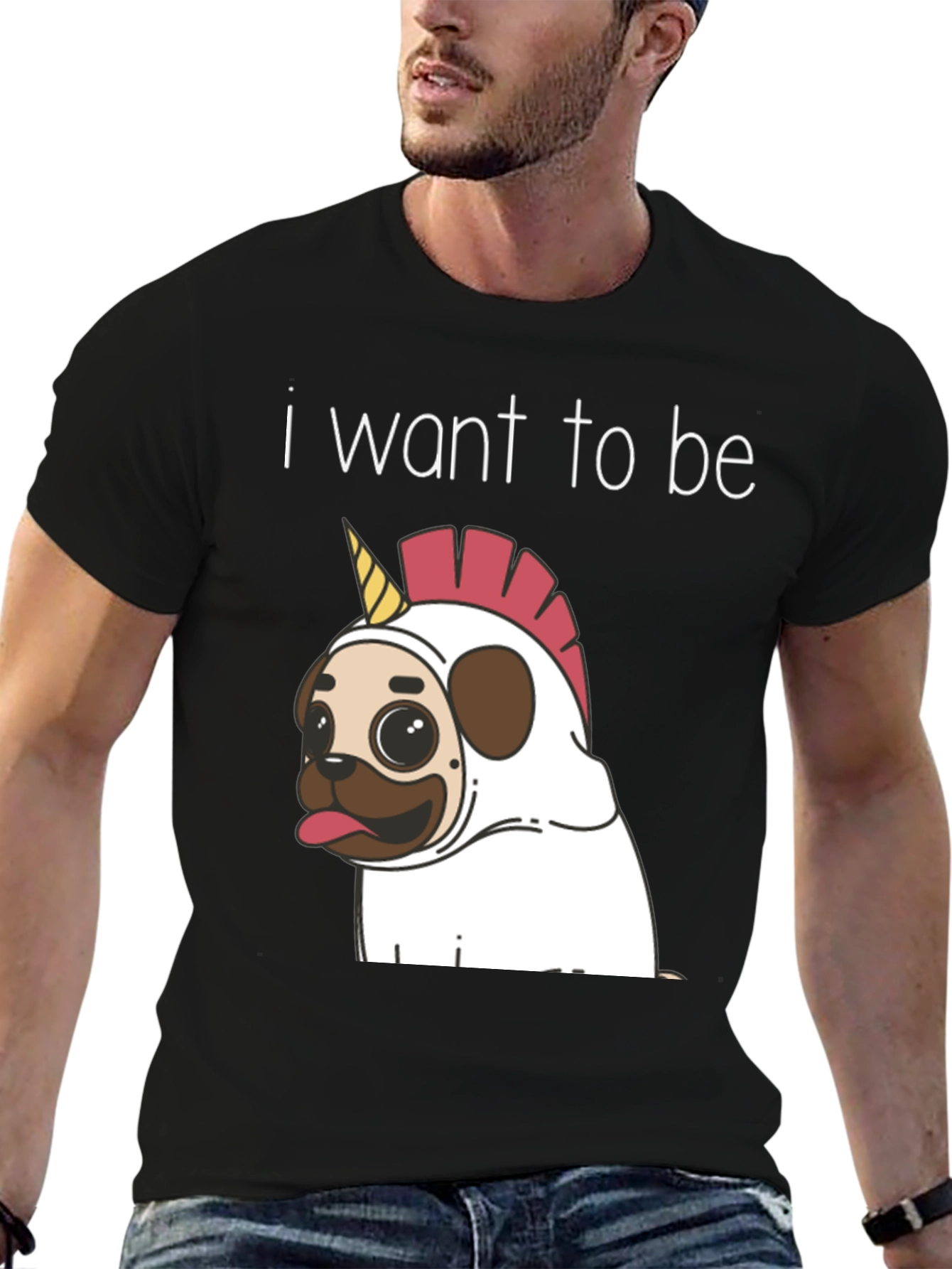 Black Funny Pug Unicorn T-Shirt - I Want To Be view 6