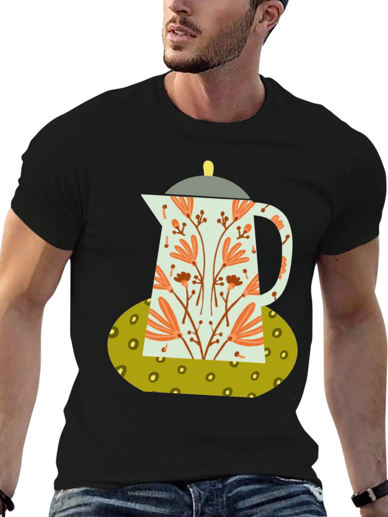 Black Floral Coffee Pot Graphic Tee - Black Cotton Blend view 6