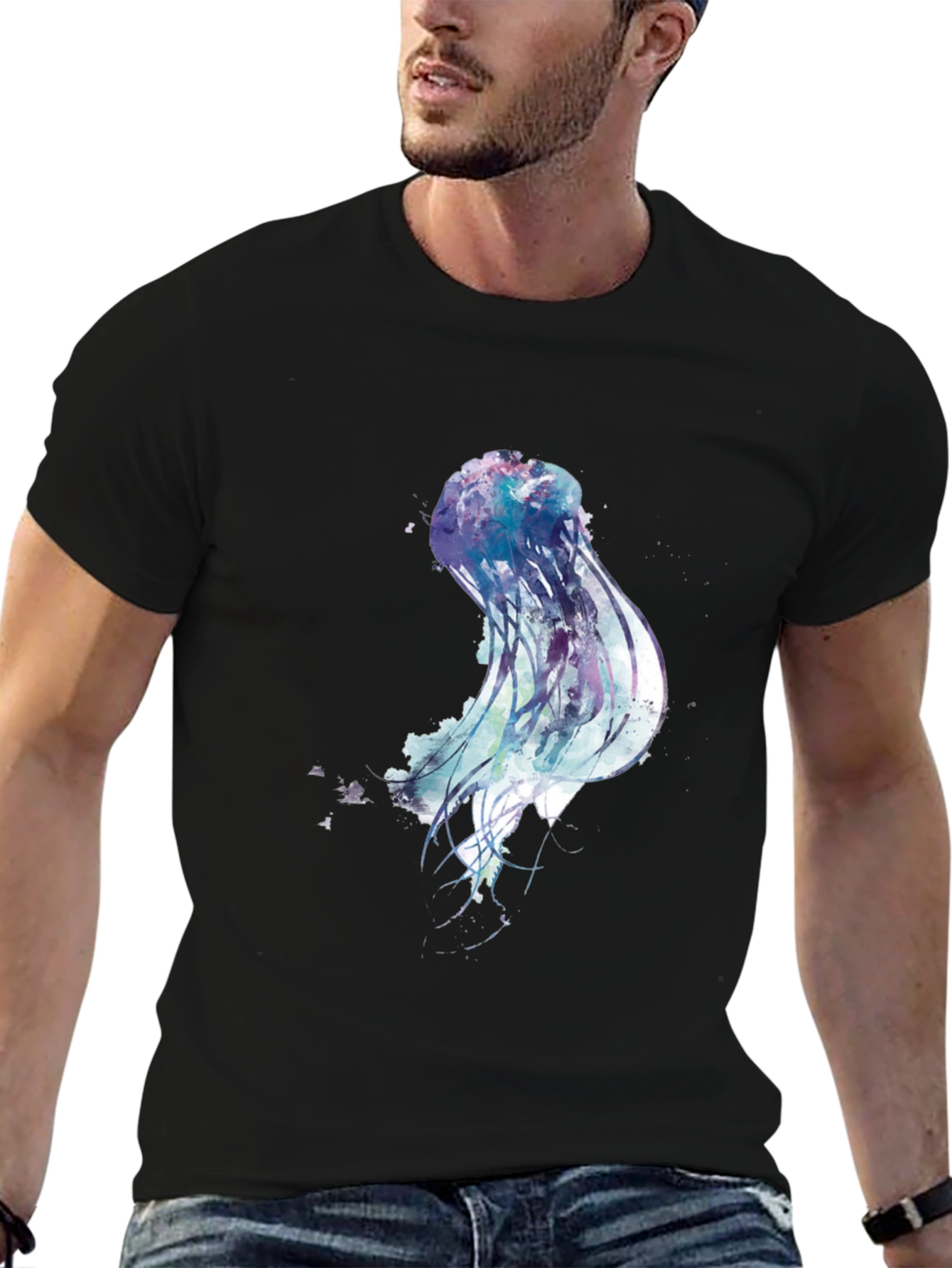 Black Jellyfish Watercolor Graphic Print Black T-Shirt view 6