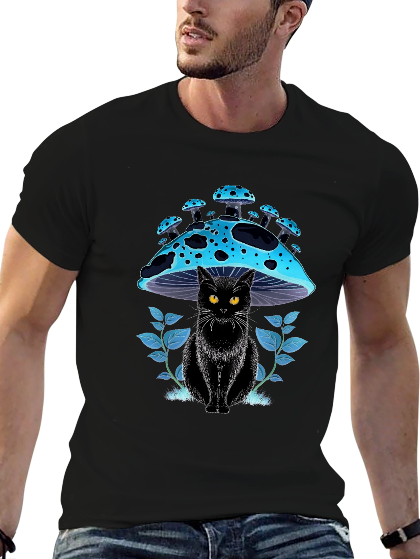 Black Black Cat Mushroom T-Shirt - Unique Graphic Tee view 6