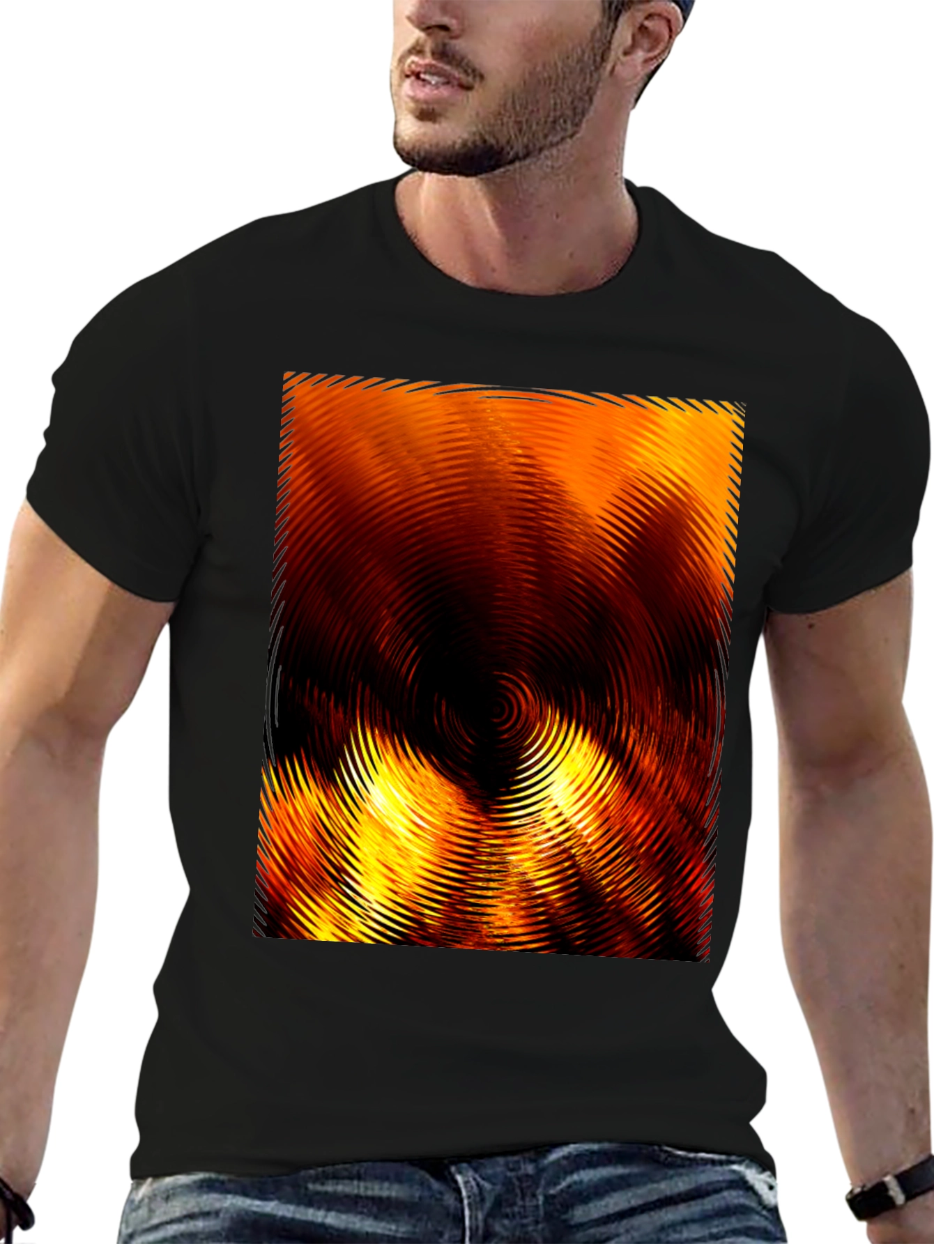 Black Fiery Abstract Ripple Print Black T-Shirt view 6
