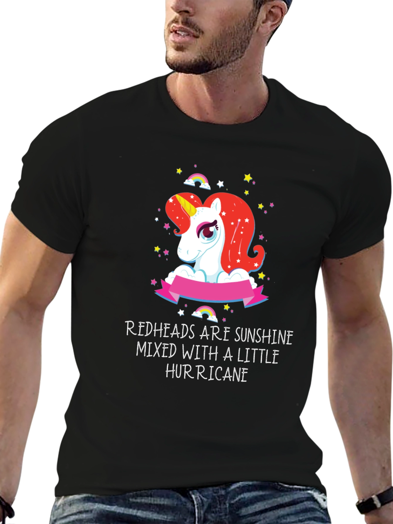 Black Redhead Sunshine Hurricane Unicorn Black T-Shirt view 6