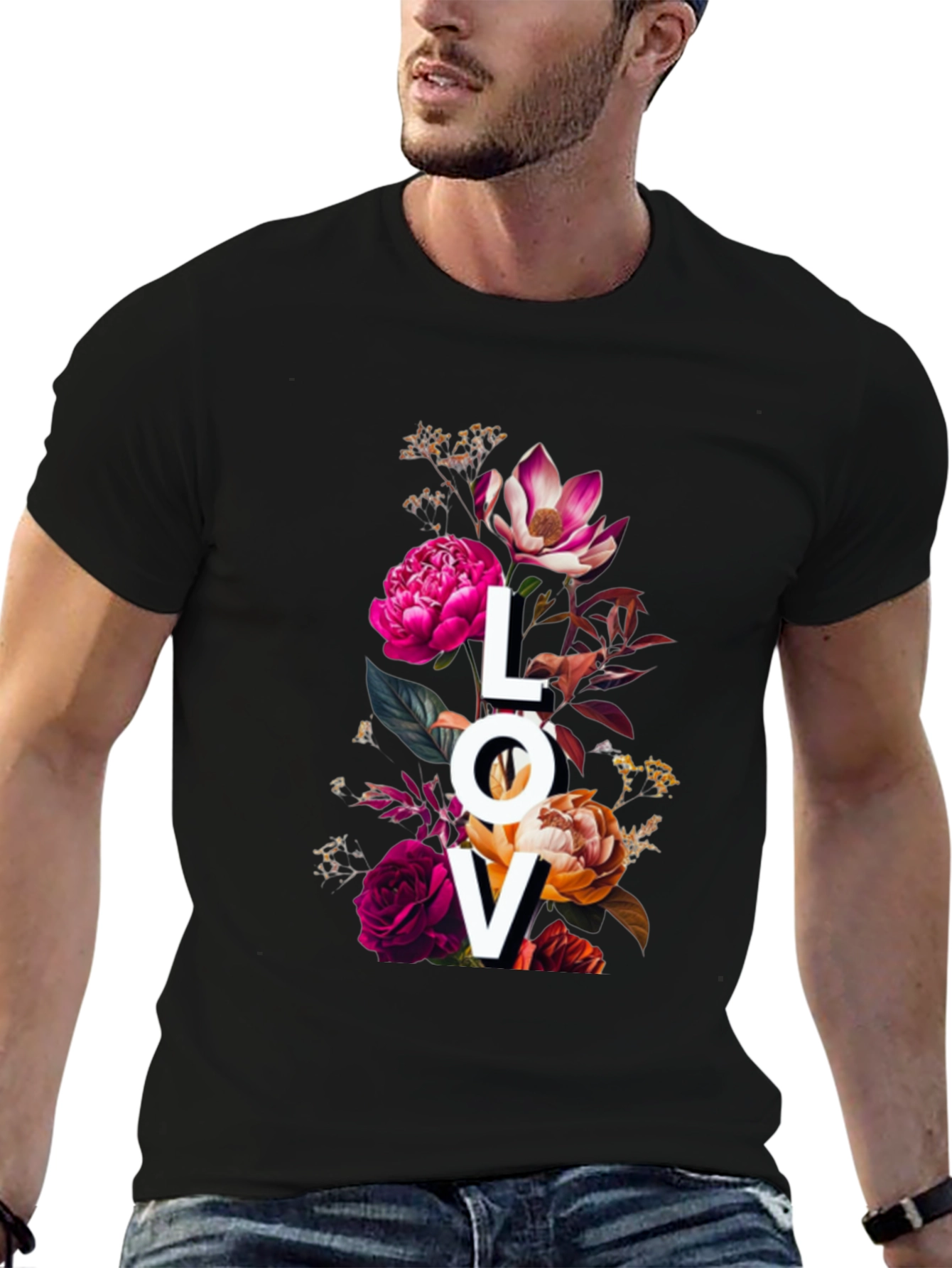 Black Floral LOVE Graphic Print T-Shirt view 6