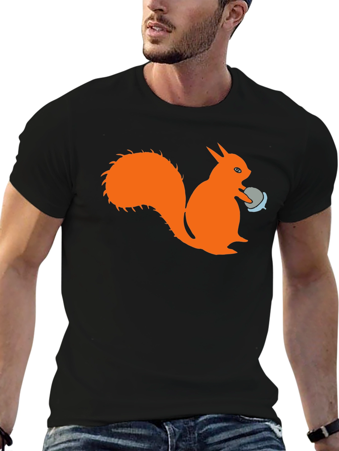 Black Squirrel T-Shirt - Black Cotton Tee with Orange Squirrel Design view 6