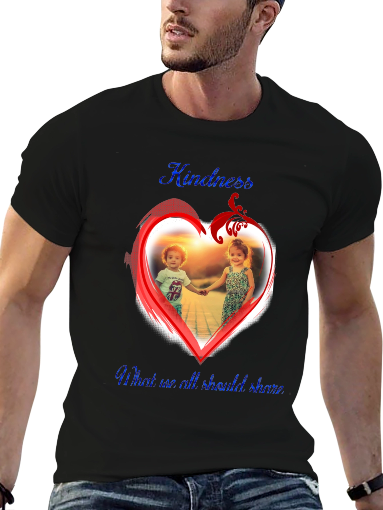 Black Kindness Share Black T-Shirt With Heart Graphic view 6