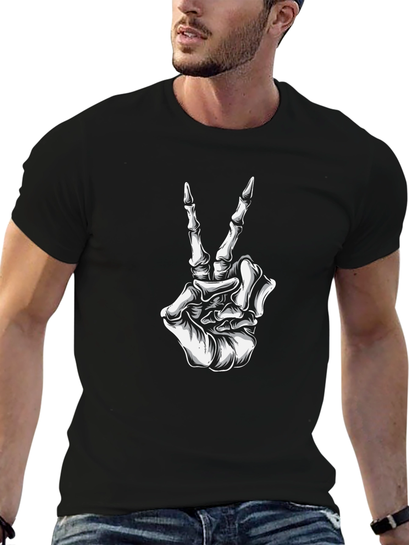 Skeleton Hand Peace Sign Black Graphic T-Shirt - 6