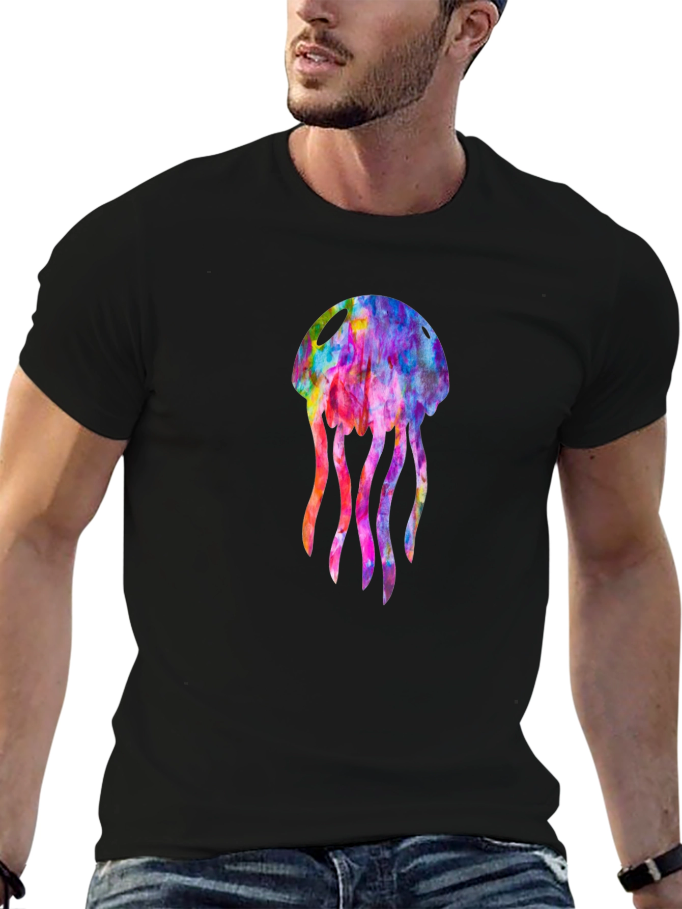 Black Colorful Jellyfish Graphic Black T-Shirt view 6