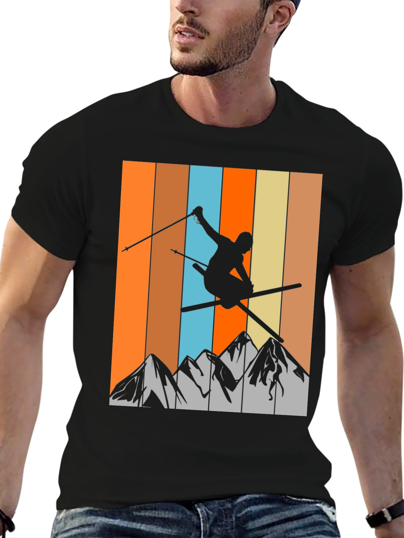 Black Retro Skiing T-Shirt - Mountain Silhouette Tee view 6
