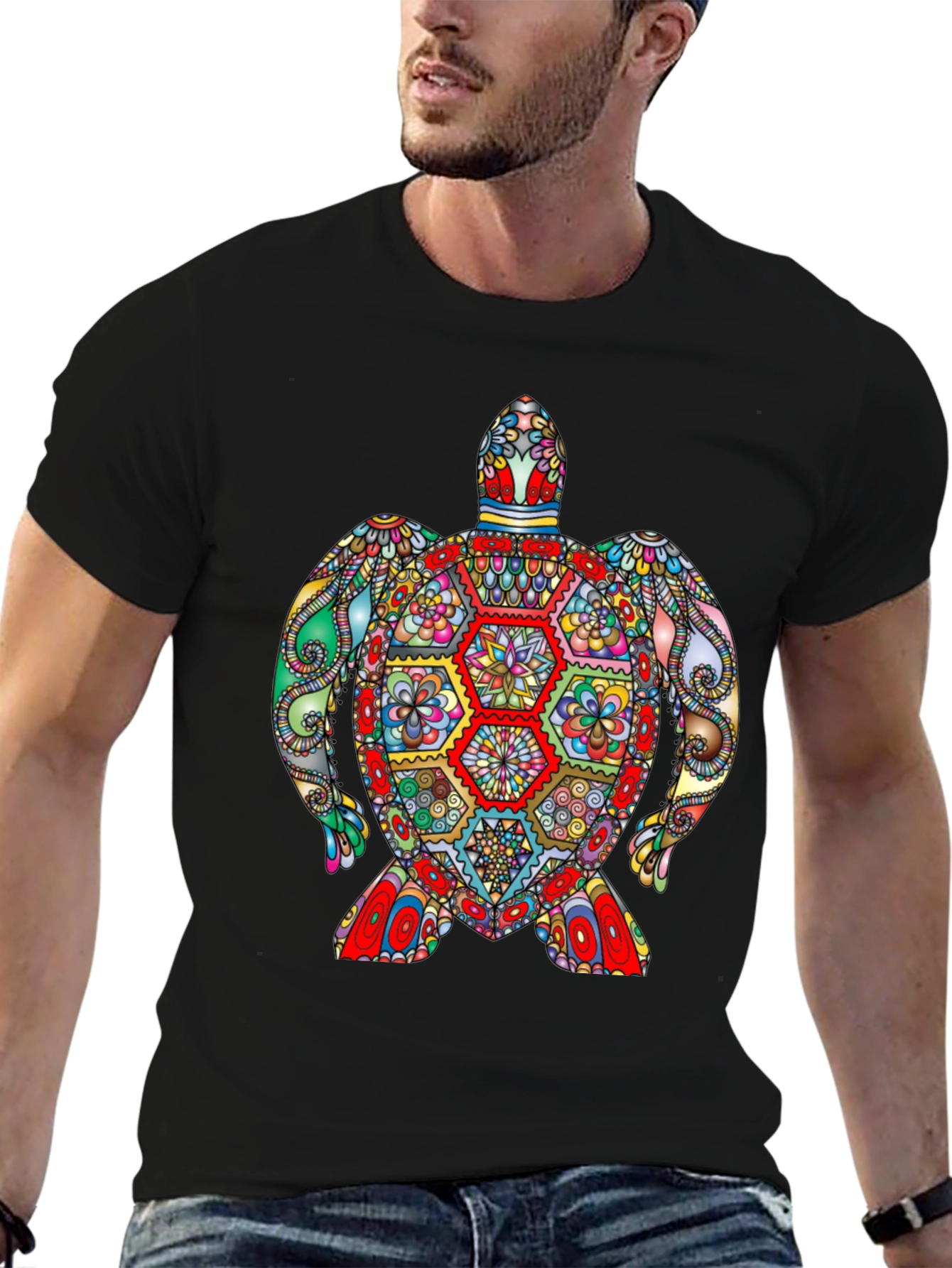 Black Vibrant Turtle Graphic Tee - Black Cotton T-Shirt view 6