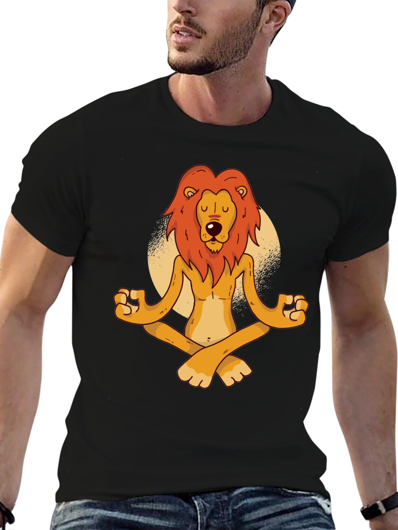Black Meditating Lion Graphic Tee - Relaxed Fit Black T-Shirt view 6