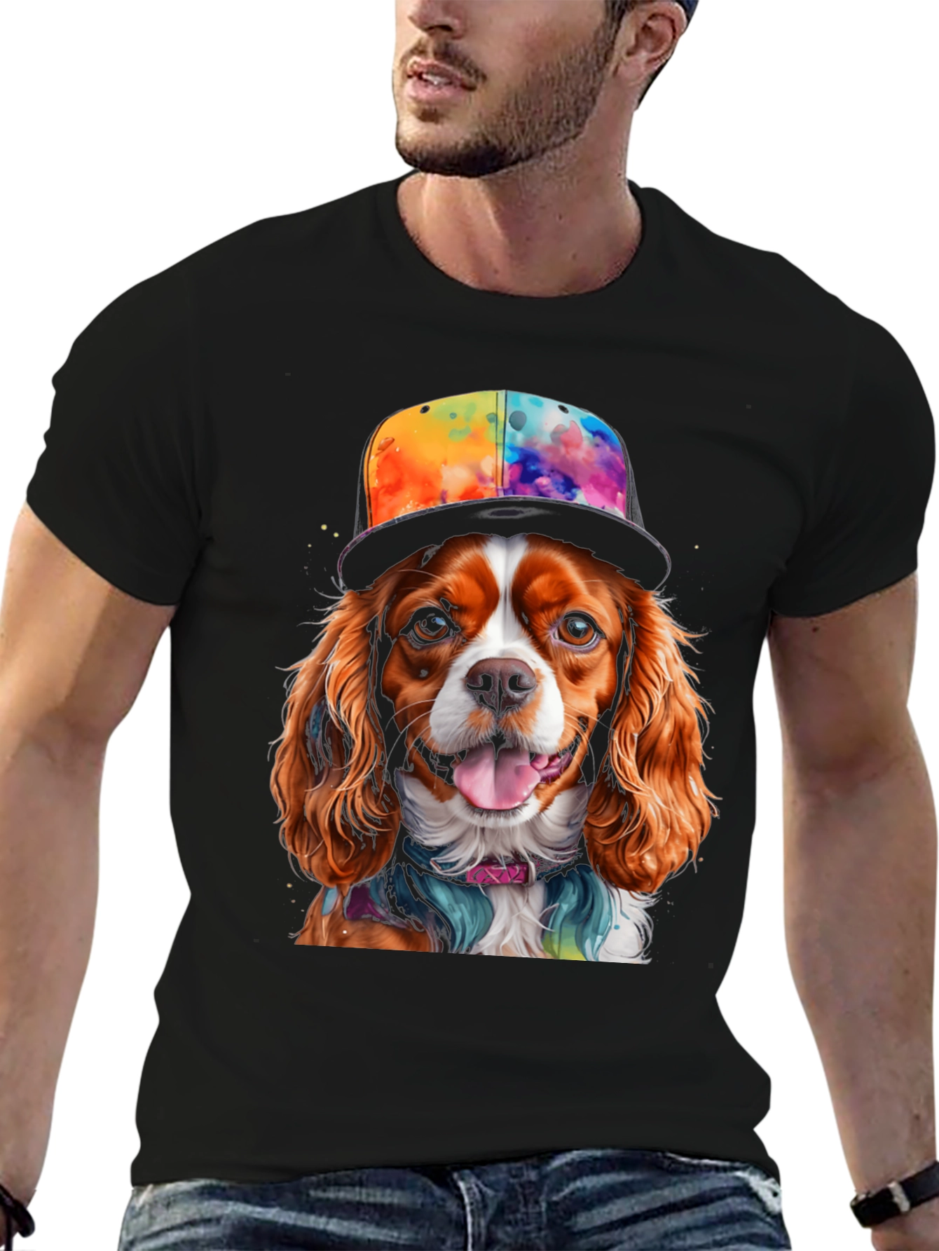 Black Cool Dog T-Shirt: Cavalier in Colorful Hat view 6
