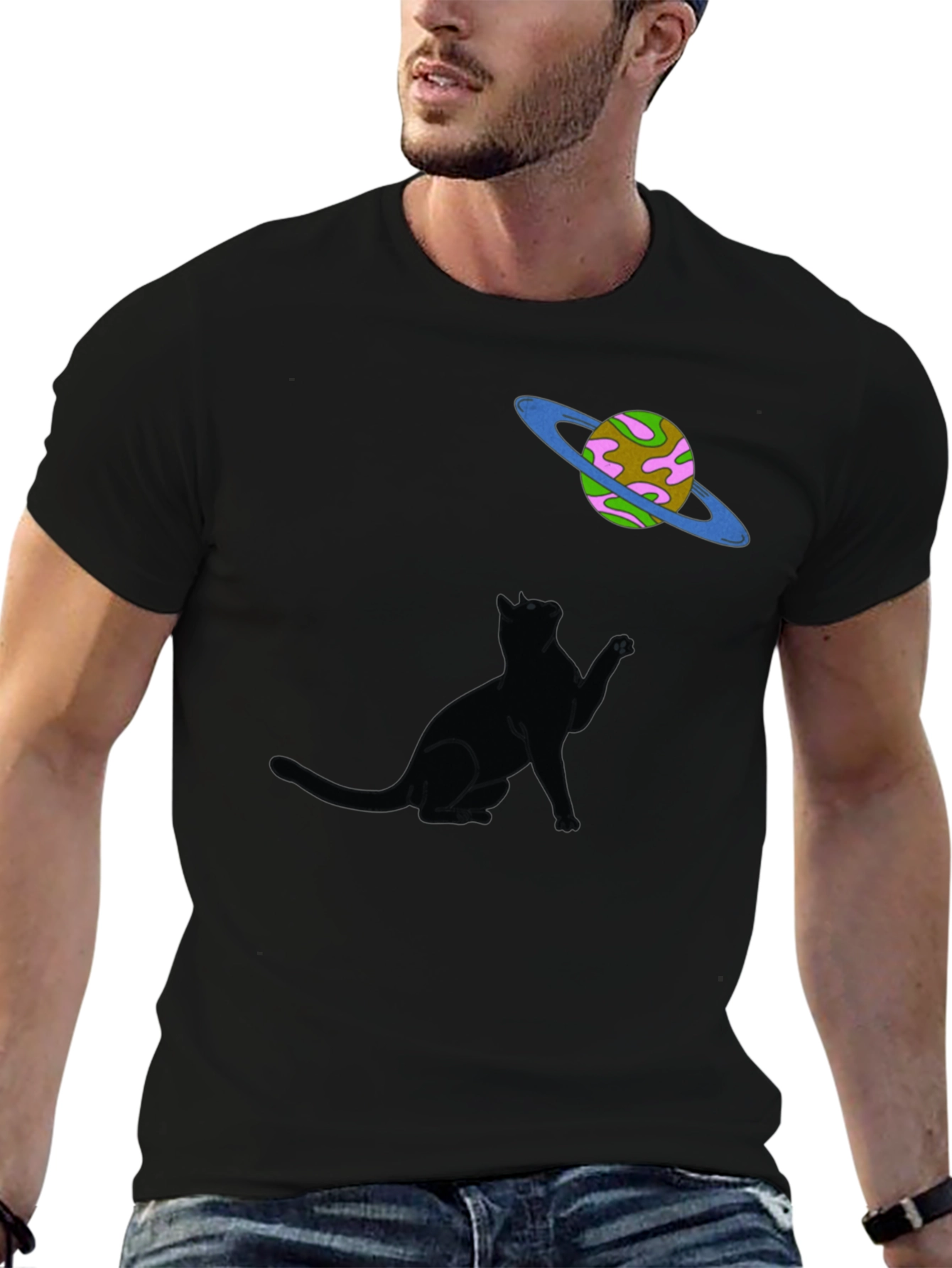 Black Cosmic Cat T-Shirt - Black Graphic Tee view 6