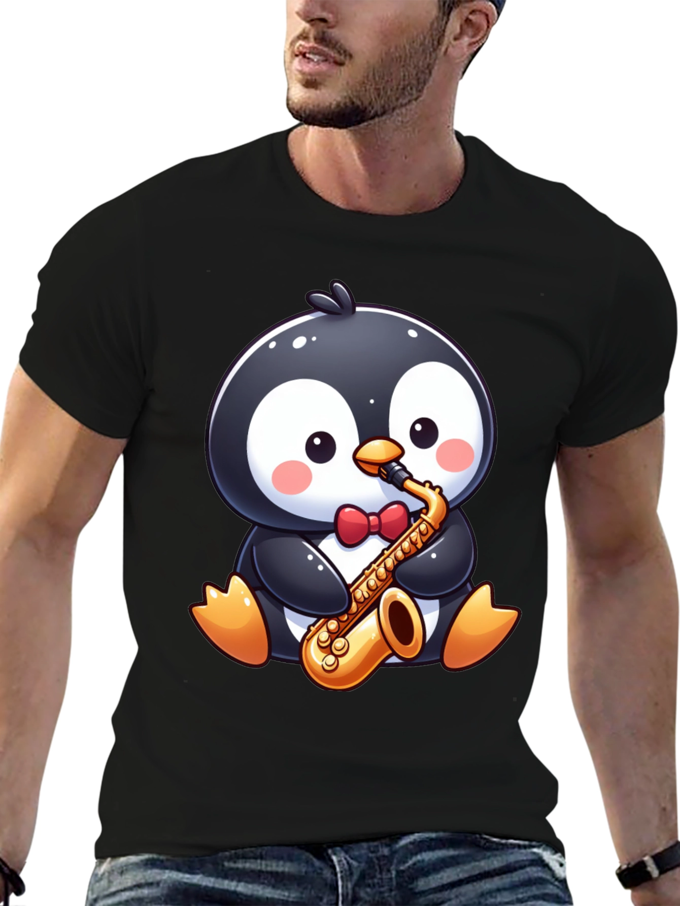 Black Penguin Sax Player T-Shirt view 6