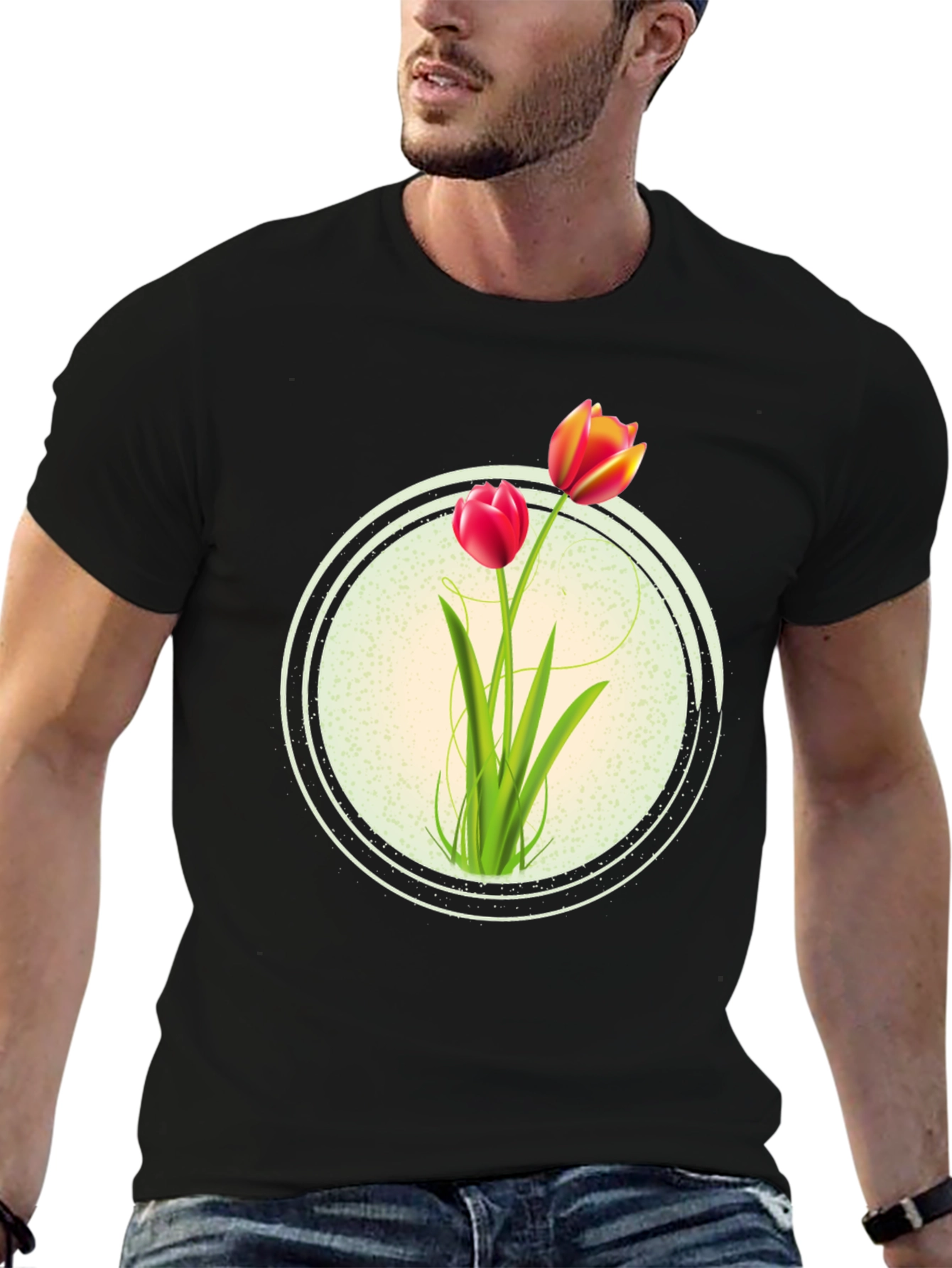 Black Floral Tulip Graphic Print Crew Neck T-Shirt view 6
