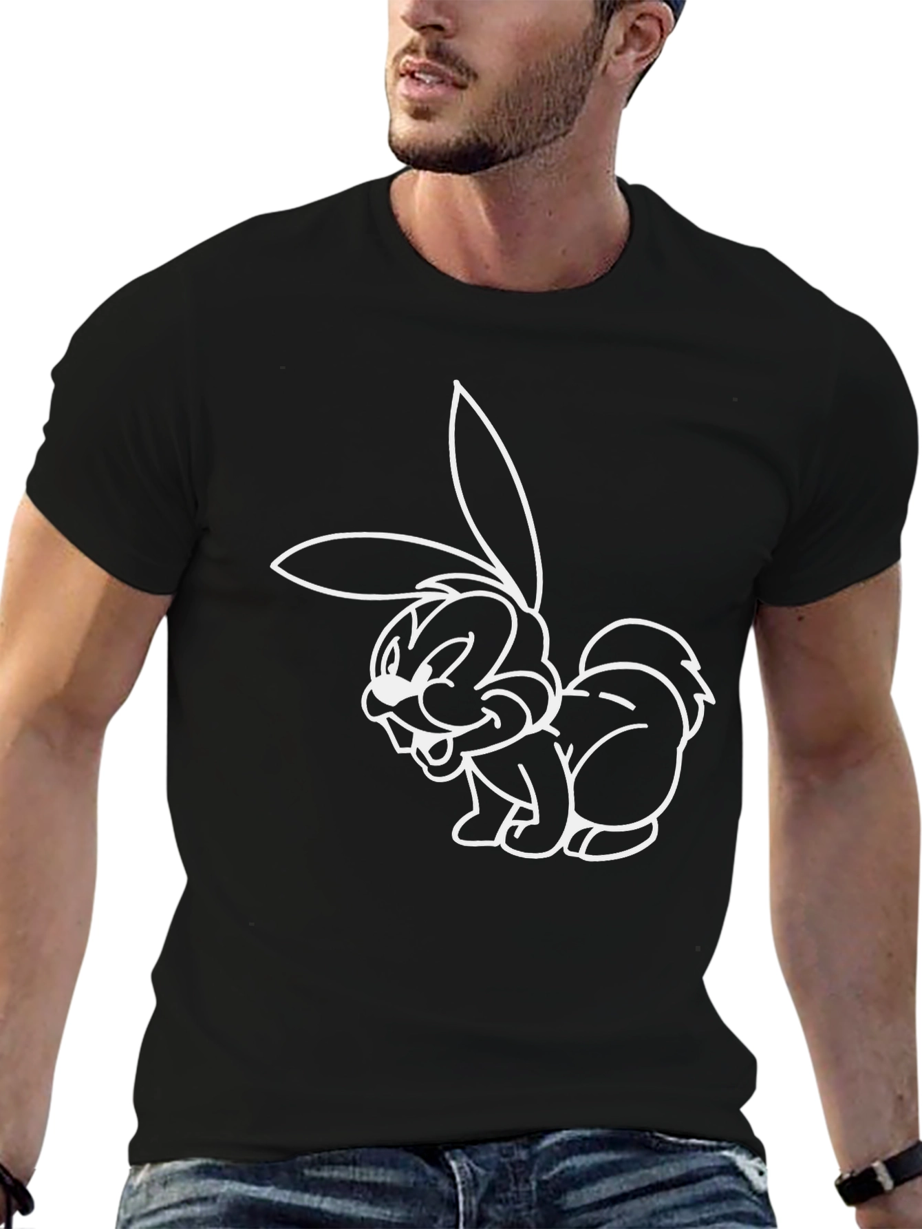 Black Funny Cartoon Bunny Graphic T-Shirt view 6