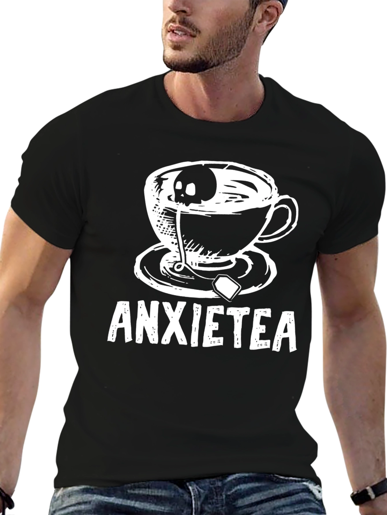 Black Anxietea T-Shirt - Skull Tea Cup Graphic Tee view 6