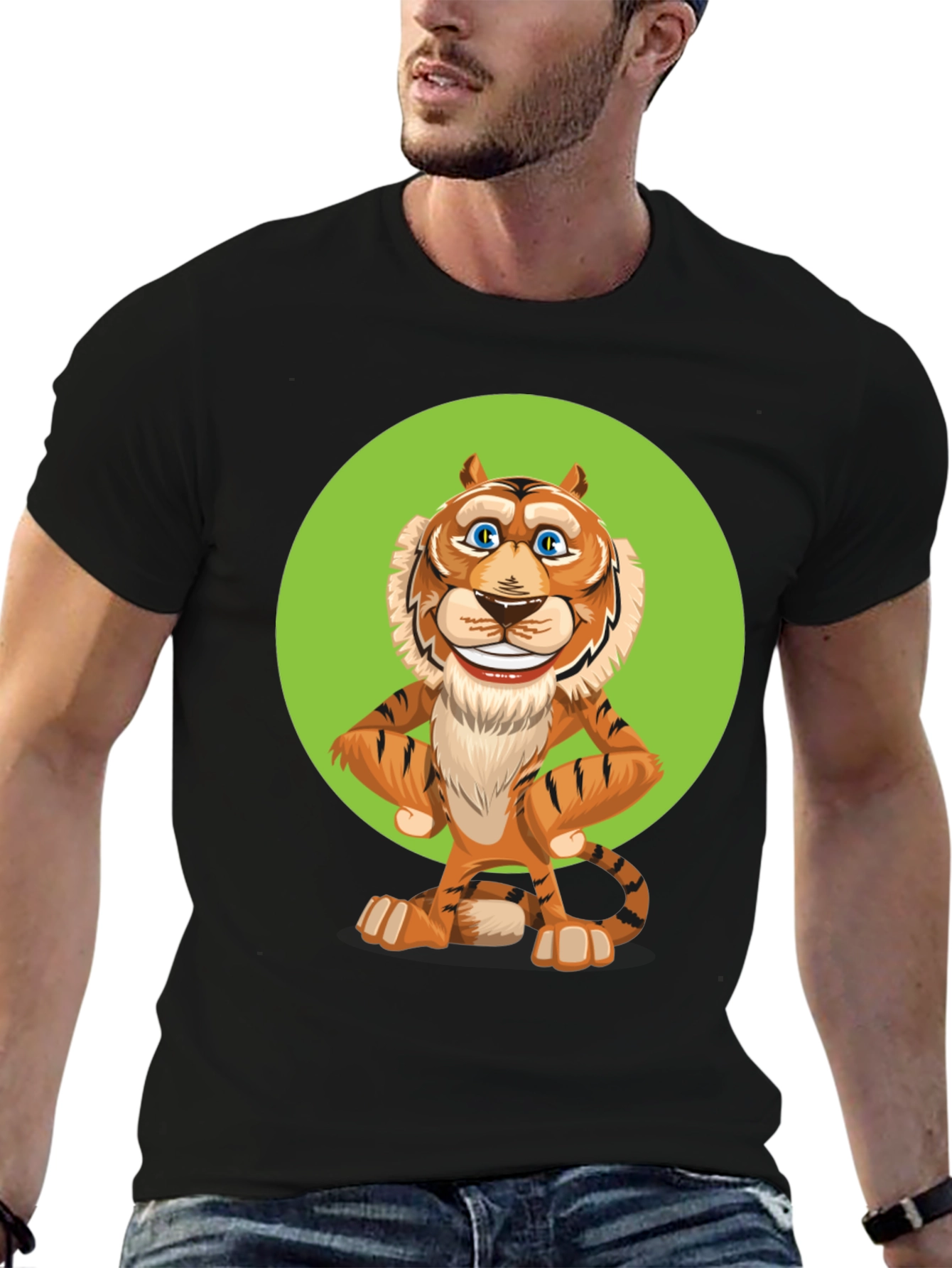 Black Cartoon Tiger Graphic Tee - Unisex Black T-Shirt view 6