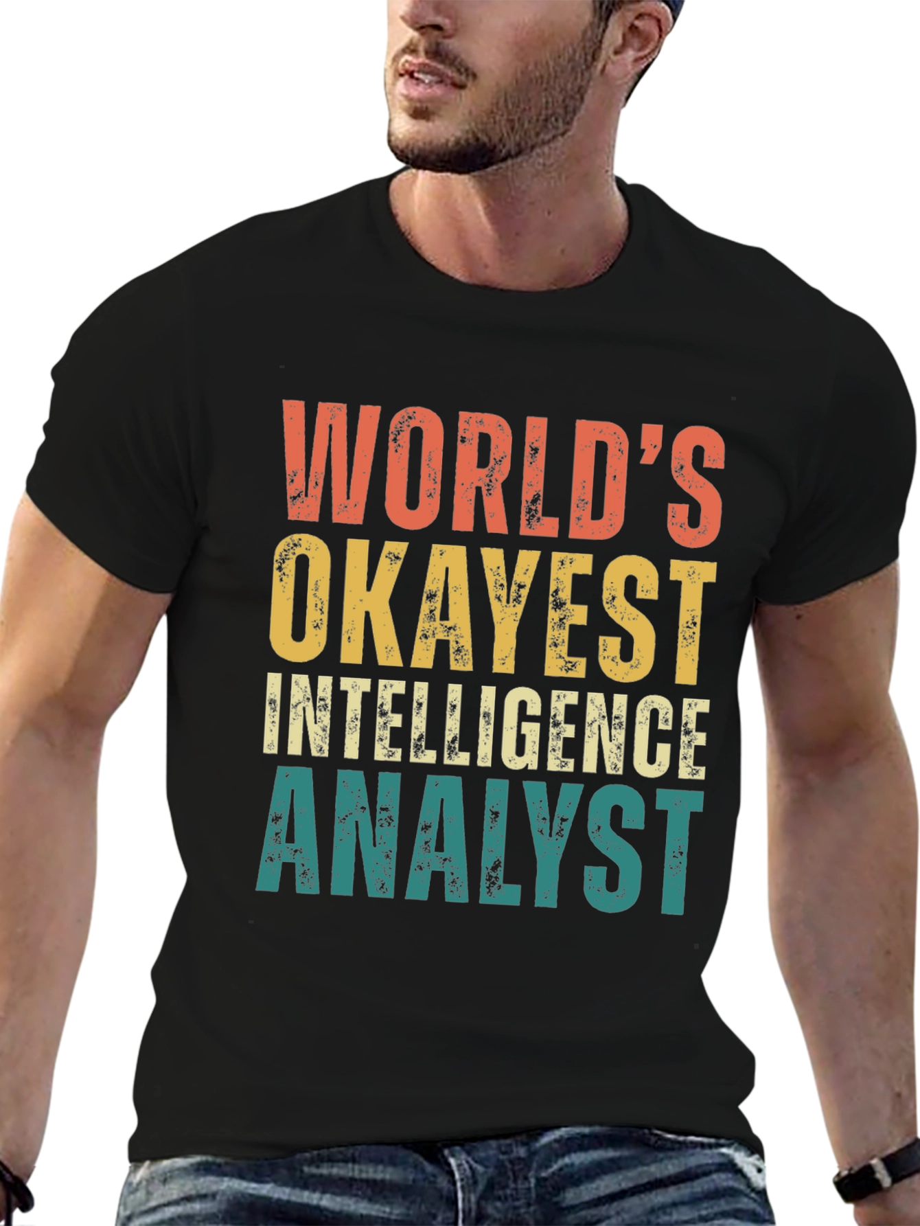 Black World's Okayest Intelligence Analyst T-Shirt view 6