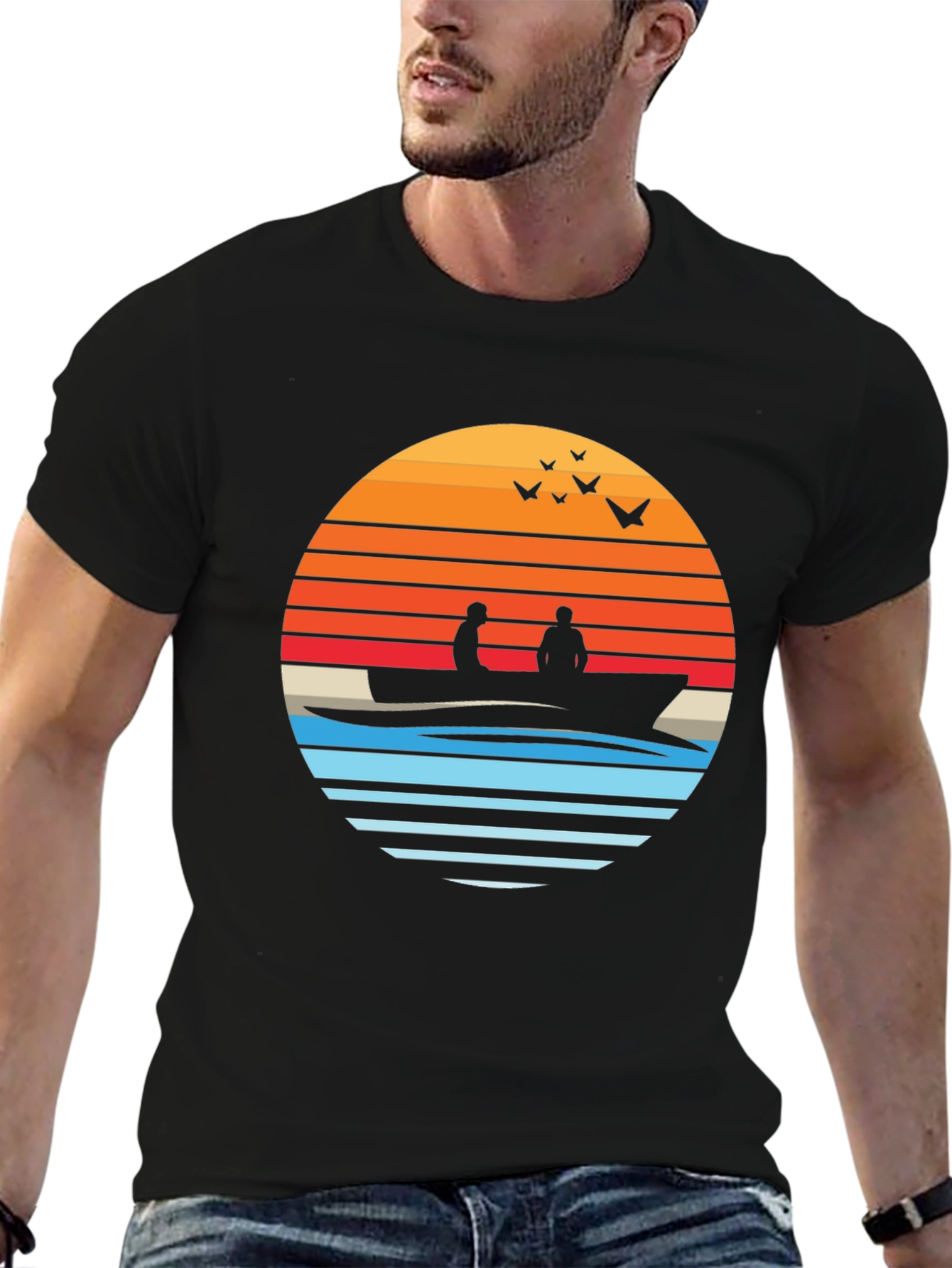 Black Sunset Silhouette Boat T-Shirt view 6