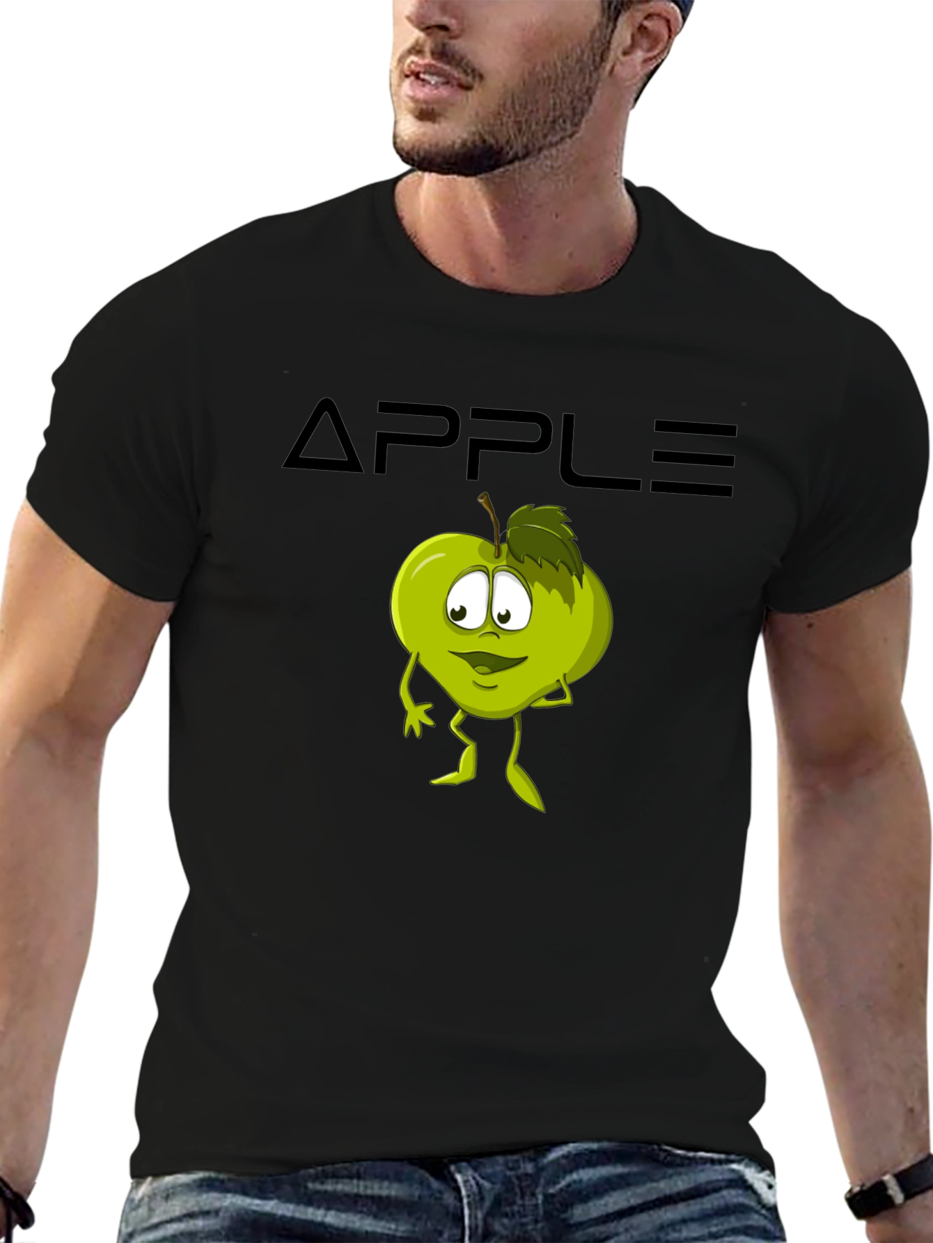 Black Funny Apple Cartoon Graphic Black T-Shirt view 6