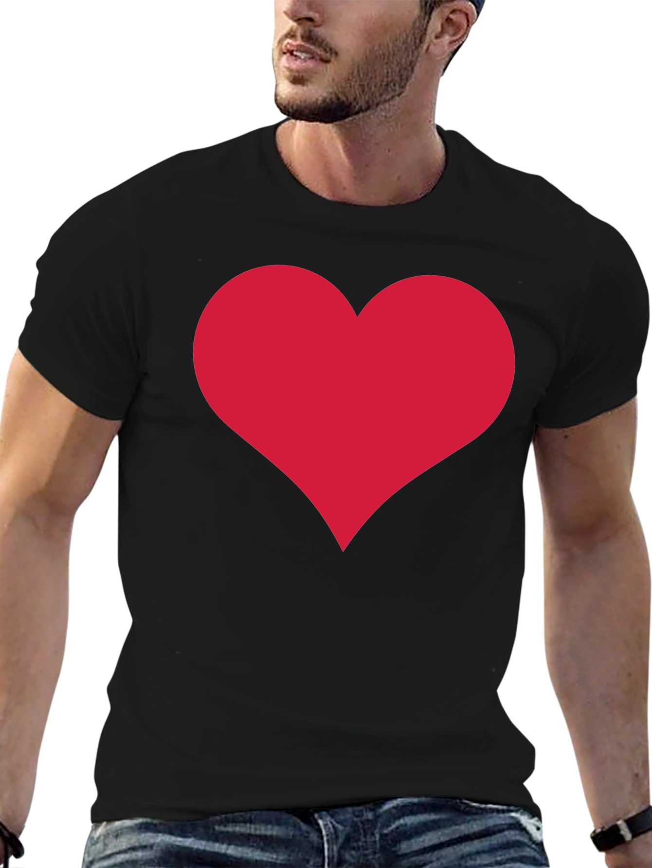 Black Red Heart Print Black Crew Neck T-Shirt view 6