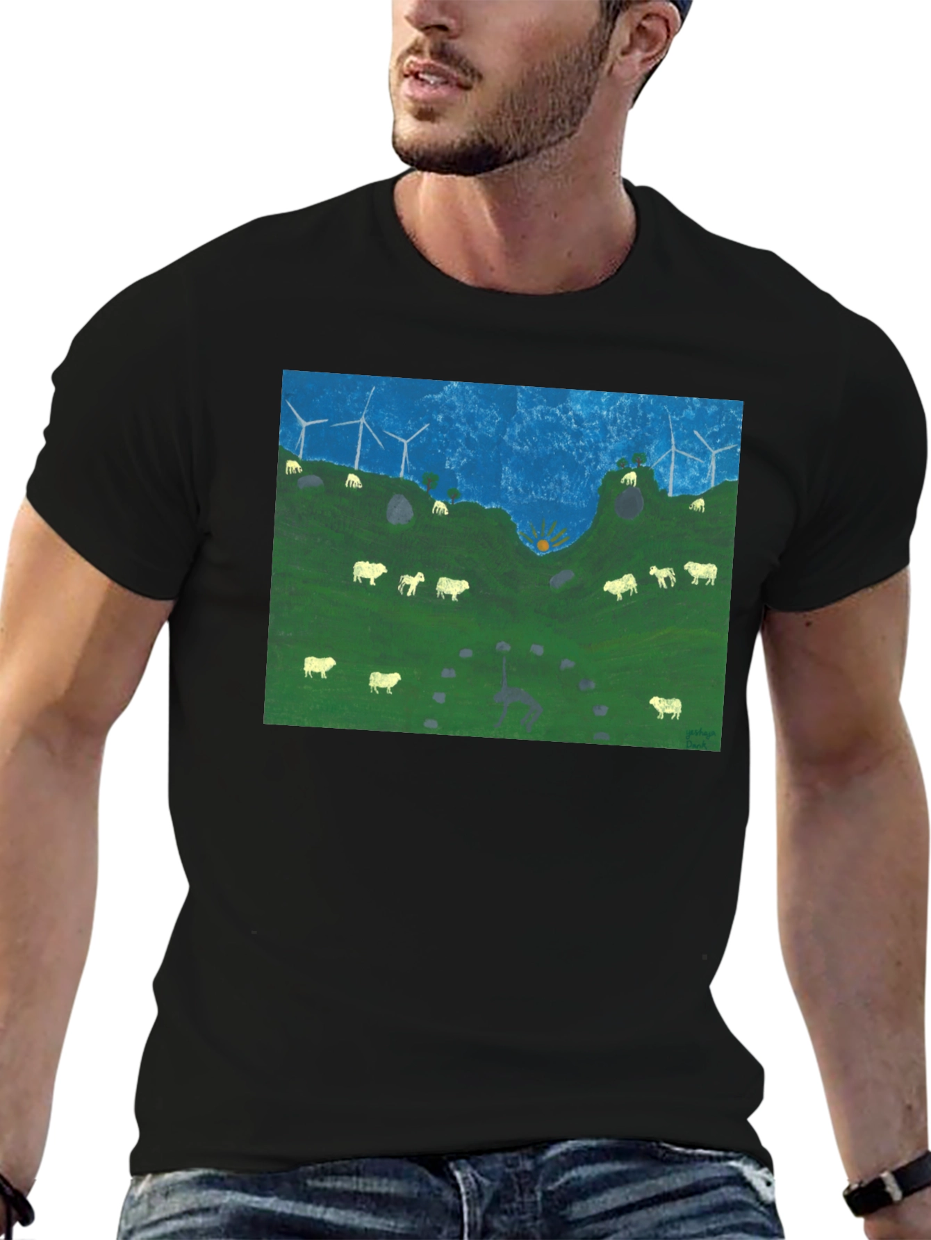 Black Wind Turbines & Sheep Graphic Tee view 6