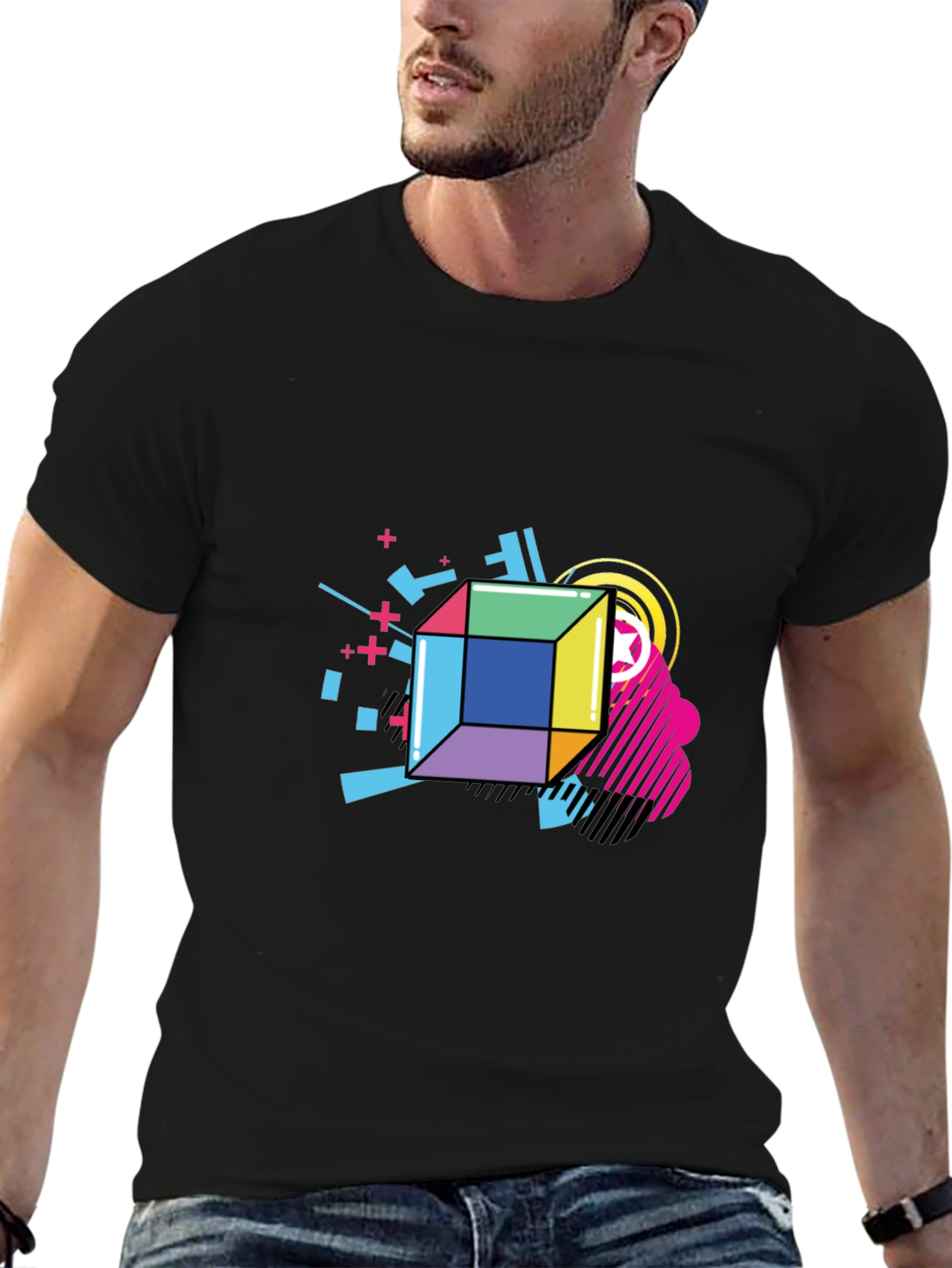 Black Geometric Cube Graphic Black Tee view 6