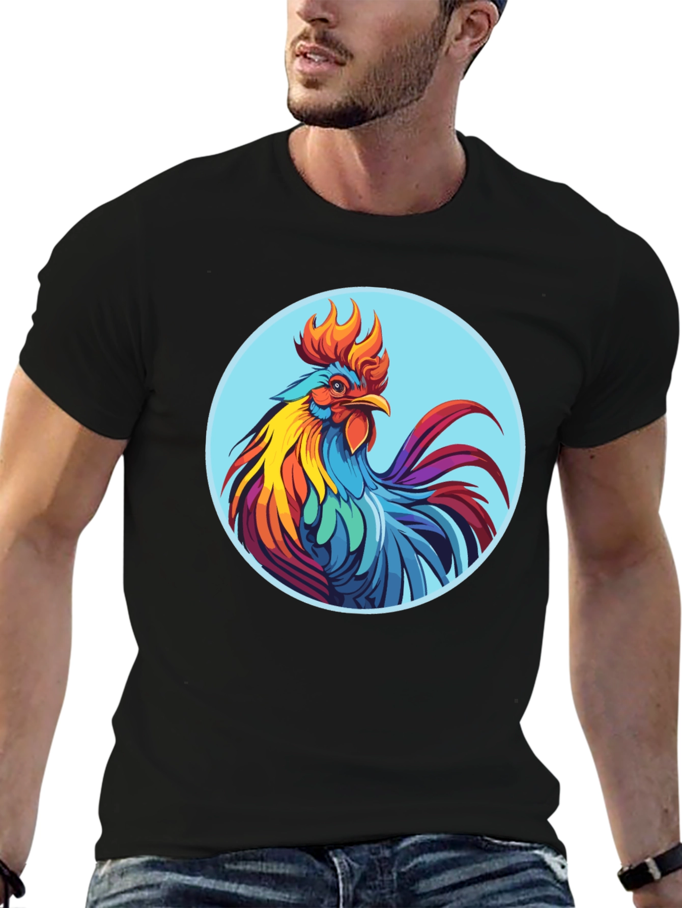 Black Rooster Graphic Tee - Bold Black Cotton T-Shirt view 6