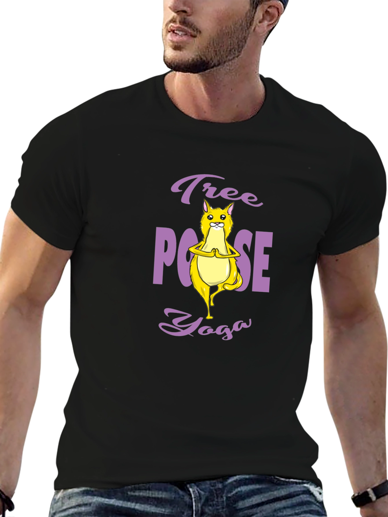 Black Tree Pose Yoga Cat Graphic Tee - Black Cotton T-Shirt view 6