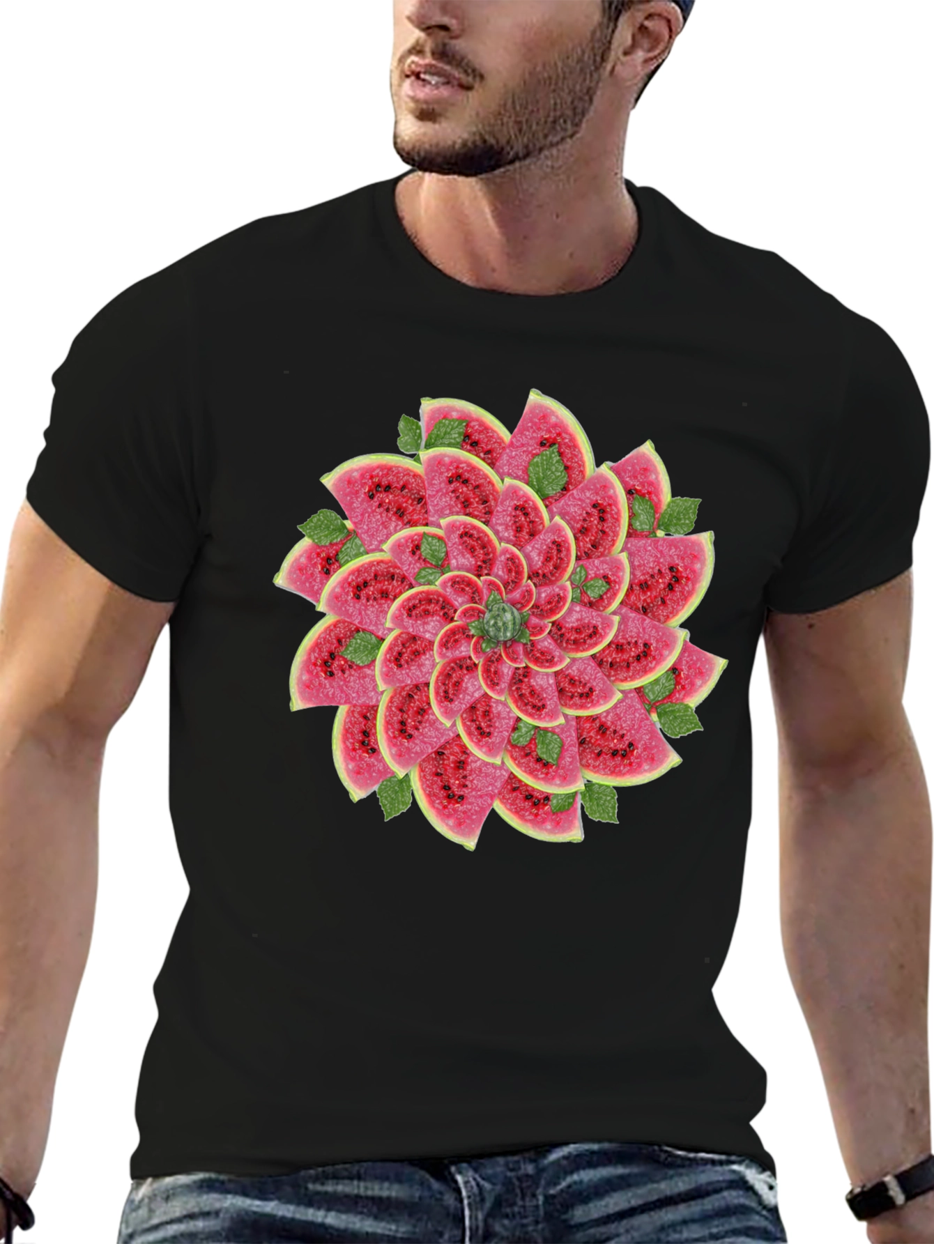 Black Watermelon Slice Flower Graphic Black T-Shirt view 6