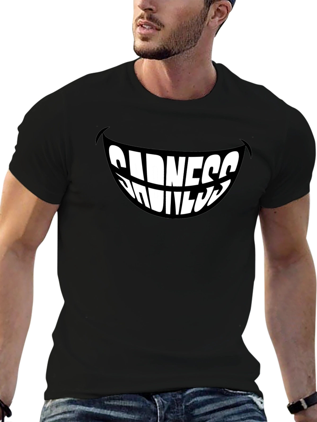 Black Sadness Smiles Graphic T-Shirt - Black, Stylish Men's Tee view 6