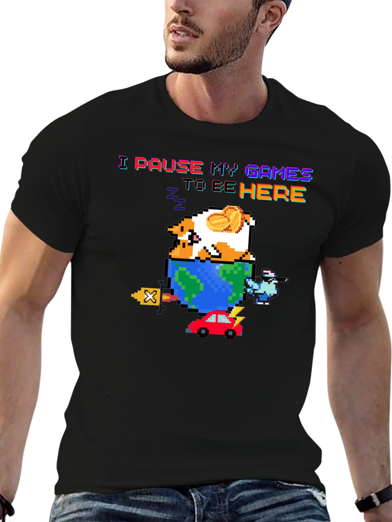 Black Pixel Art Gamer T-Shirt - I Pause My Games view 6