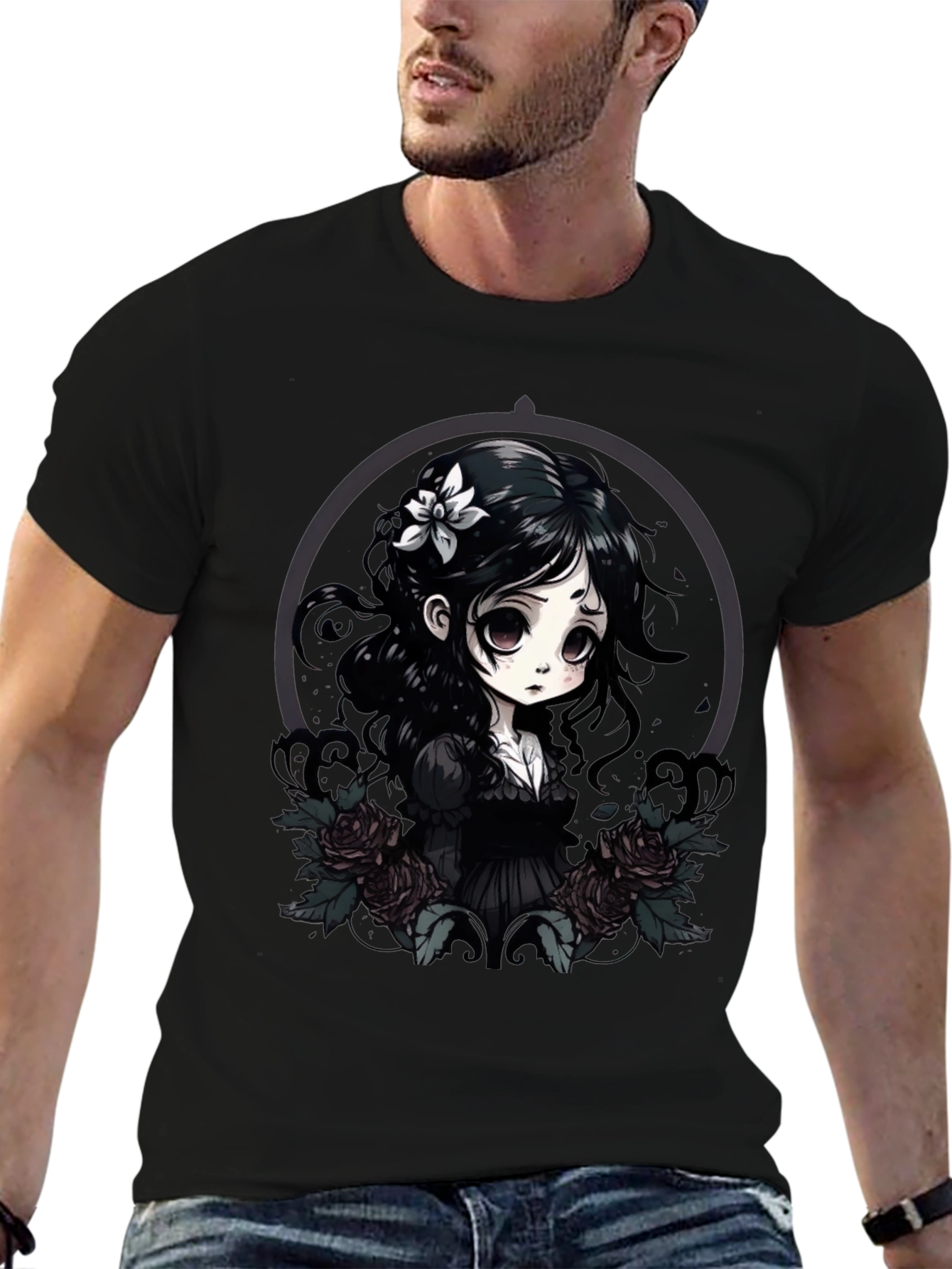 Black Gothic Anime Girl T-Shirt view 6