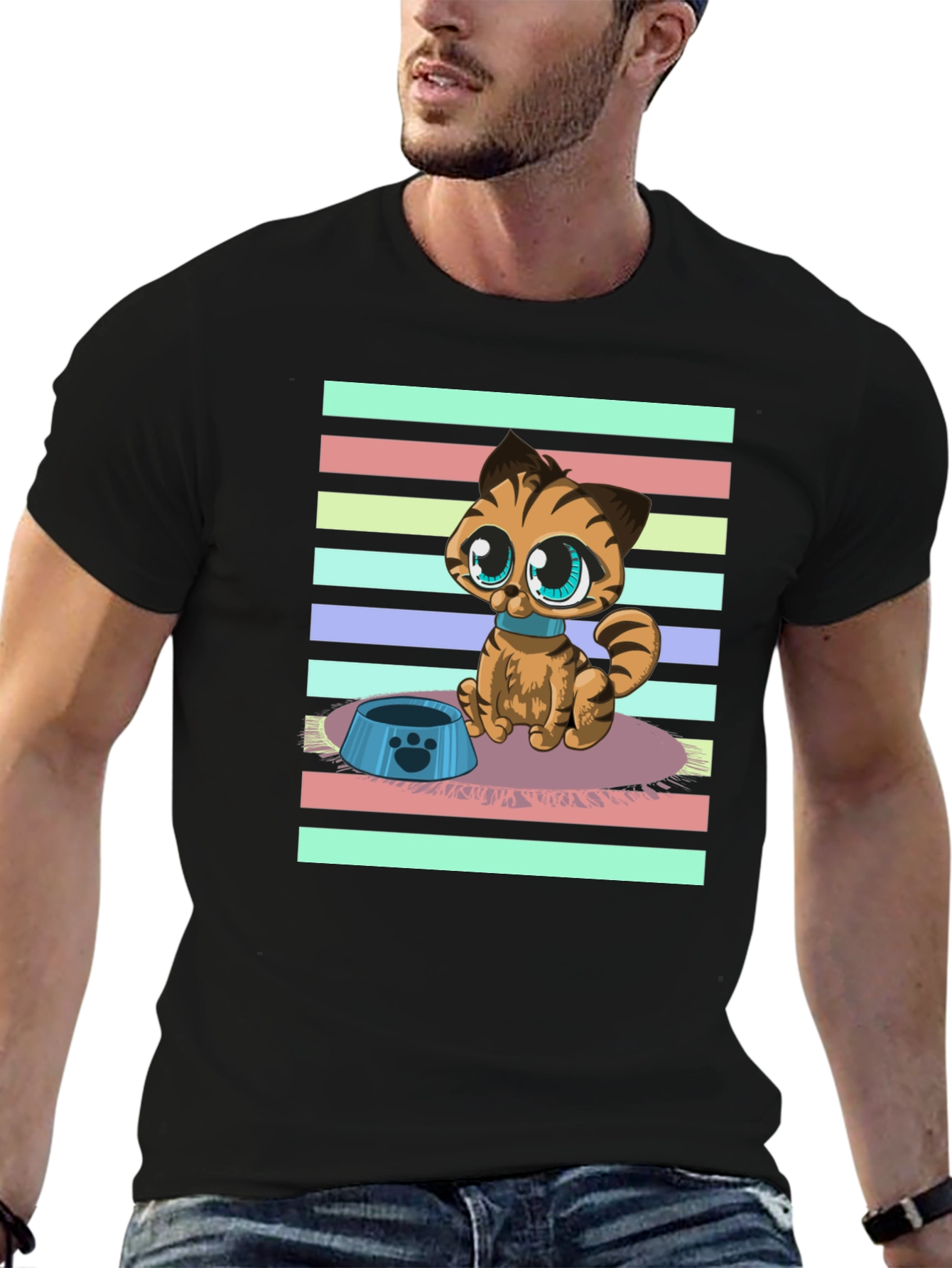 Black Cute Cartoon Cat Graphic T-Shirt view 6