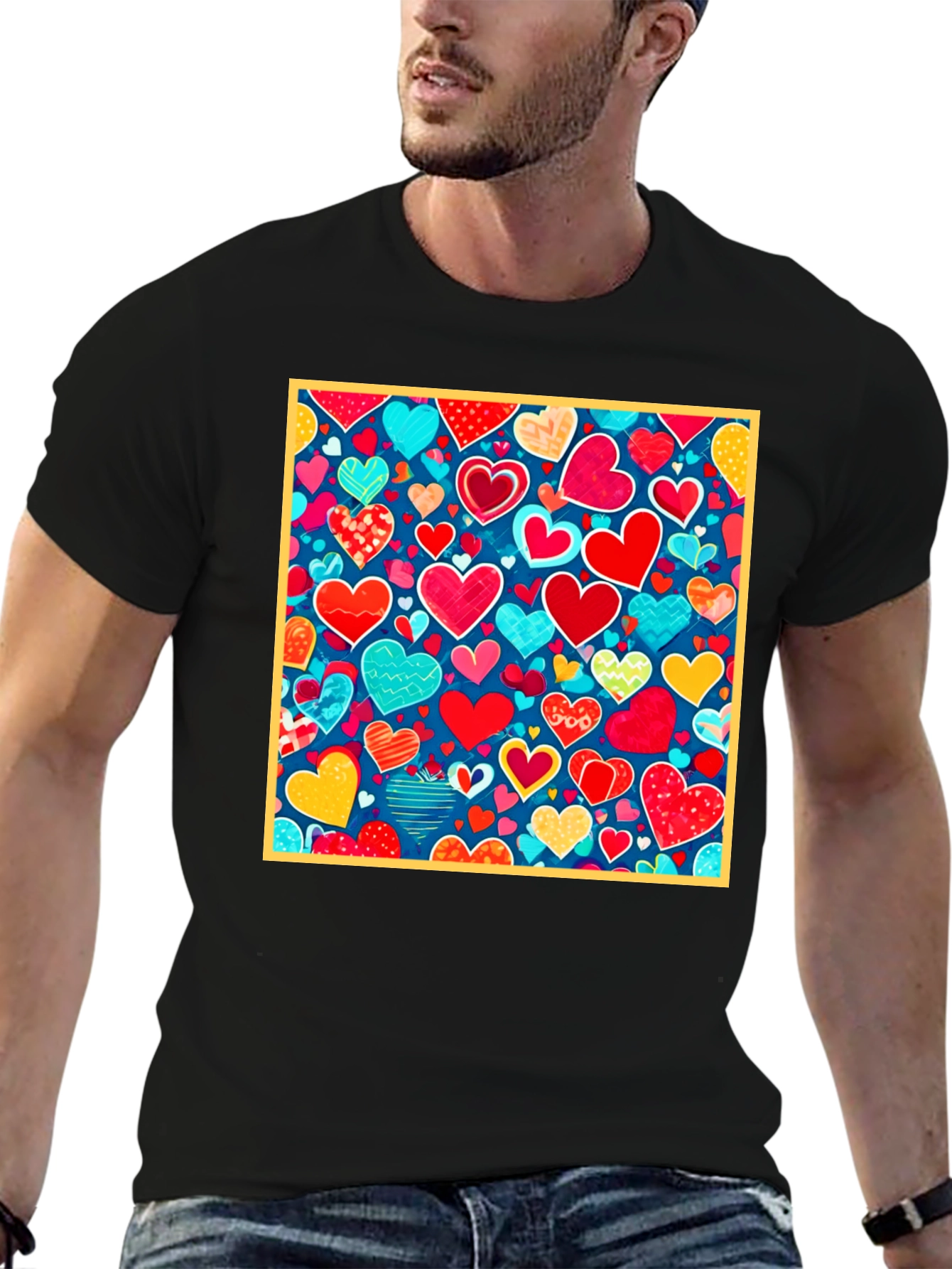 Black Heart Pattern Black T-Shirt - Valentine's Day Style view 6