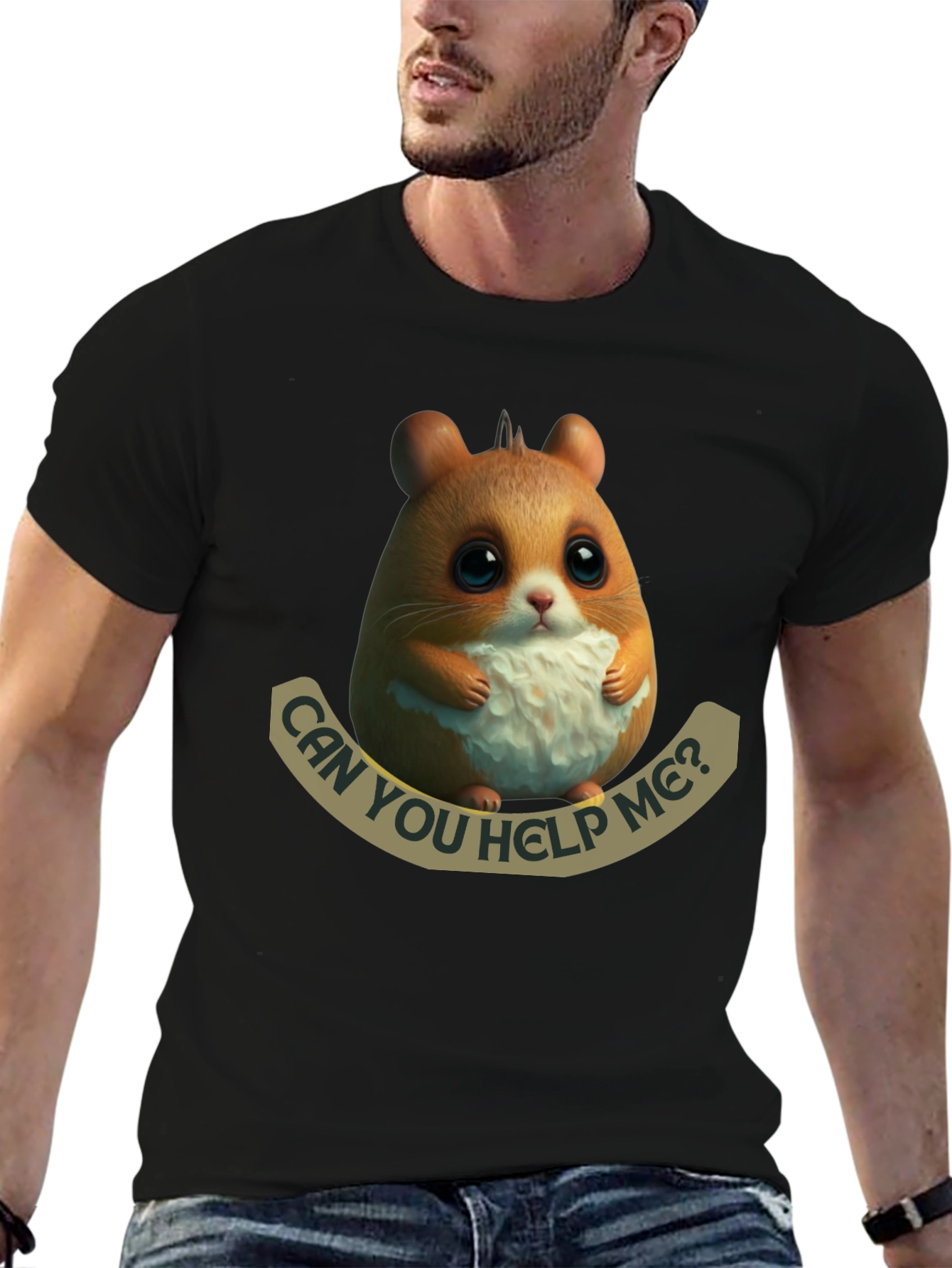 Black Cute Hamster 'Can You Help Me?' Graphic T-Shirt view 6