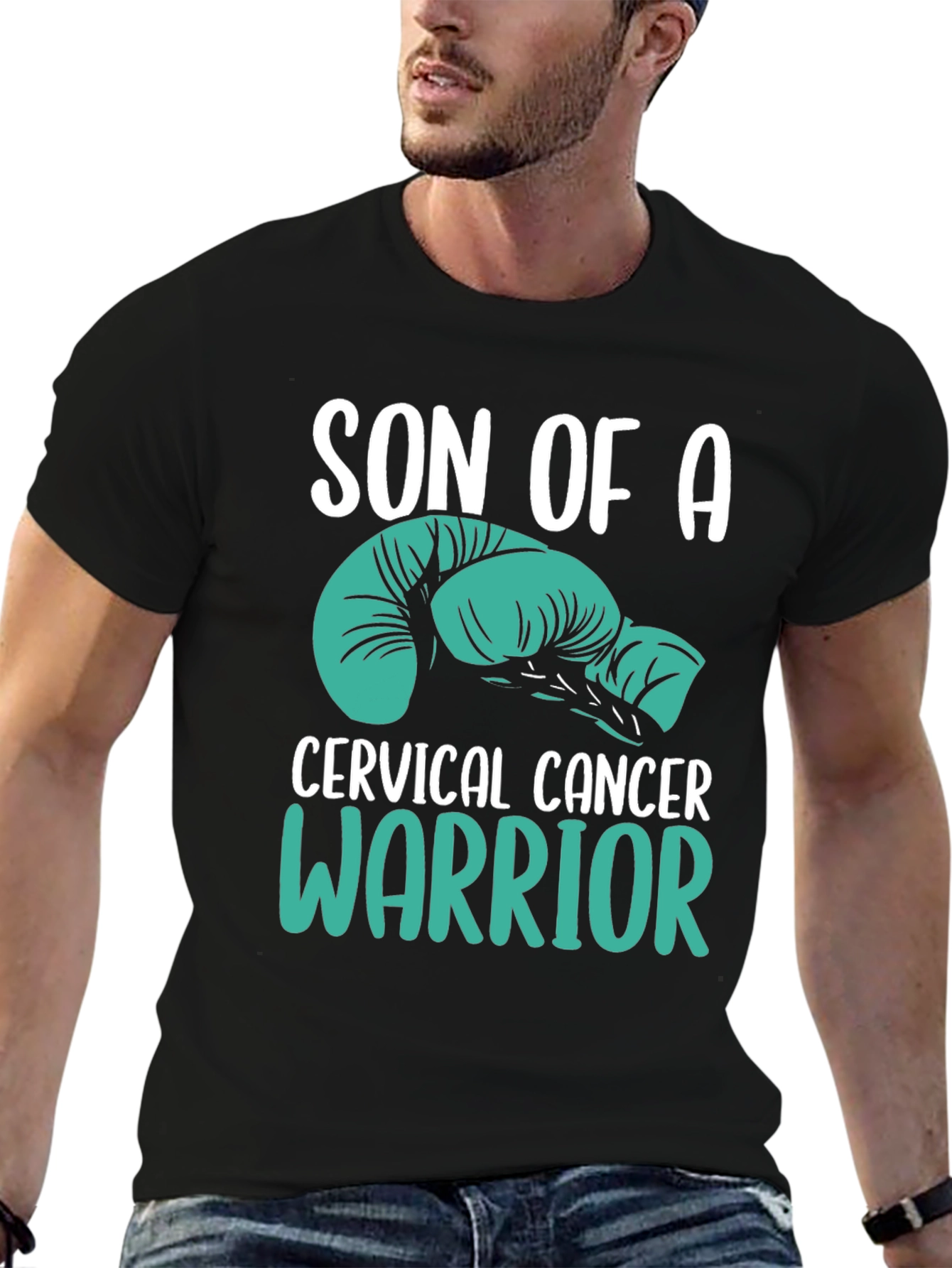 Black Cervical Cancer Warrior T-Shirt - Teal Boxing Gloves view 6