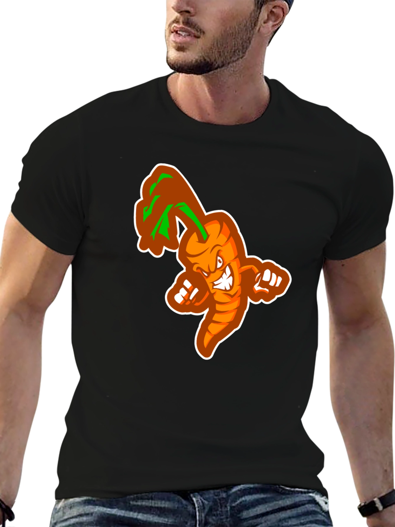 Black Men's Black T-shirt with Cartoon Carrot Design view 6