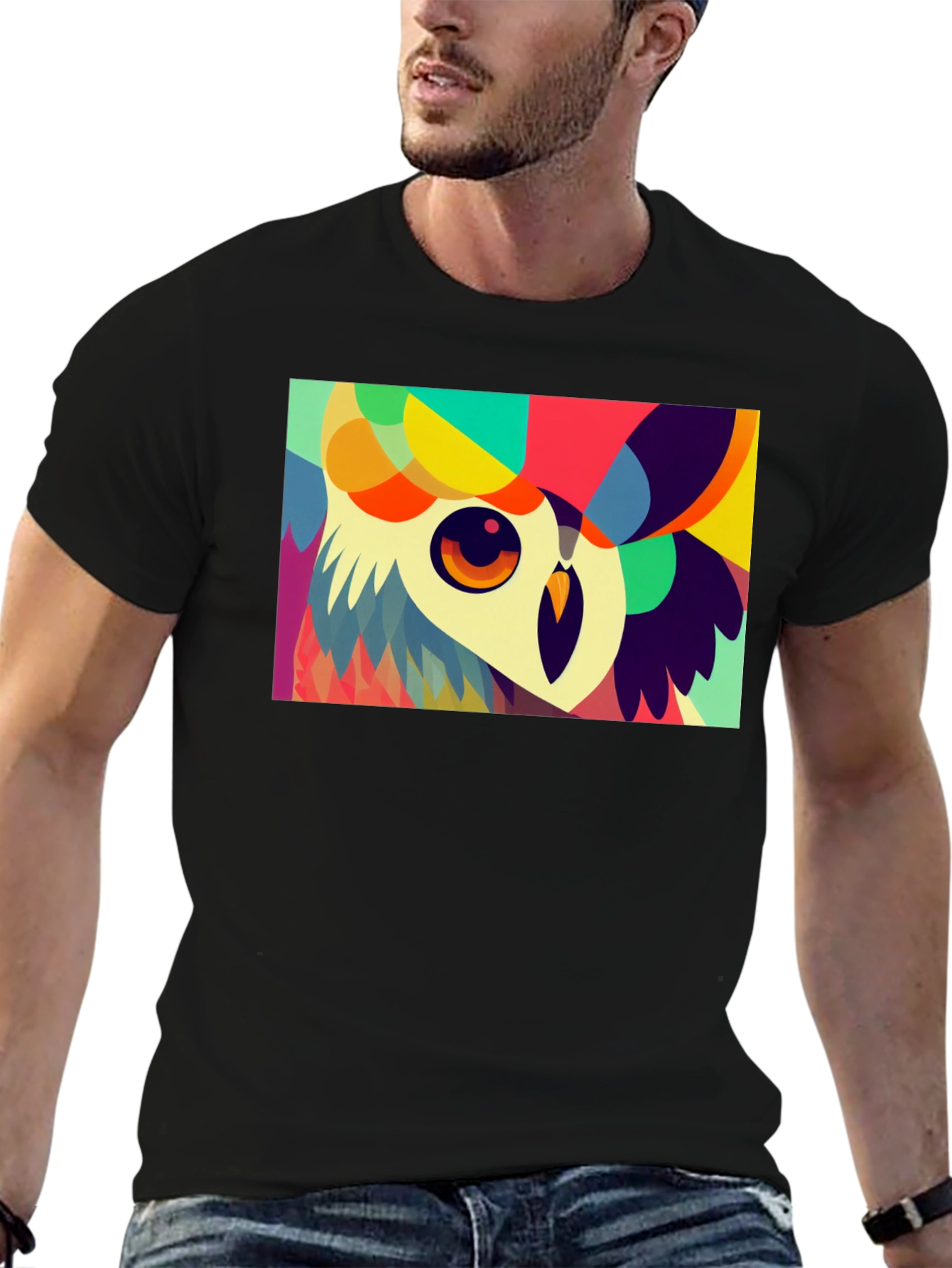 Black Abstract Owl Graphic Tee - Unique Colorful Design view 6