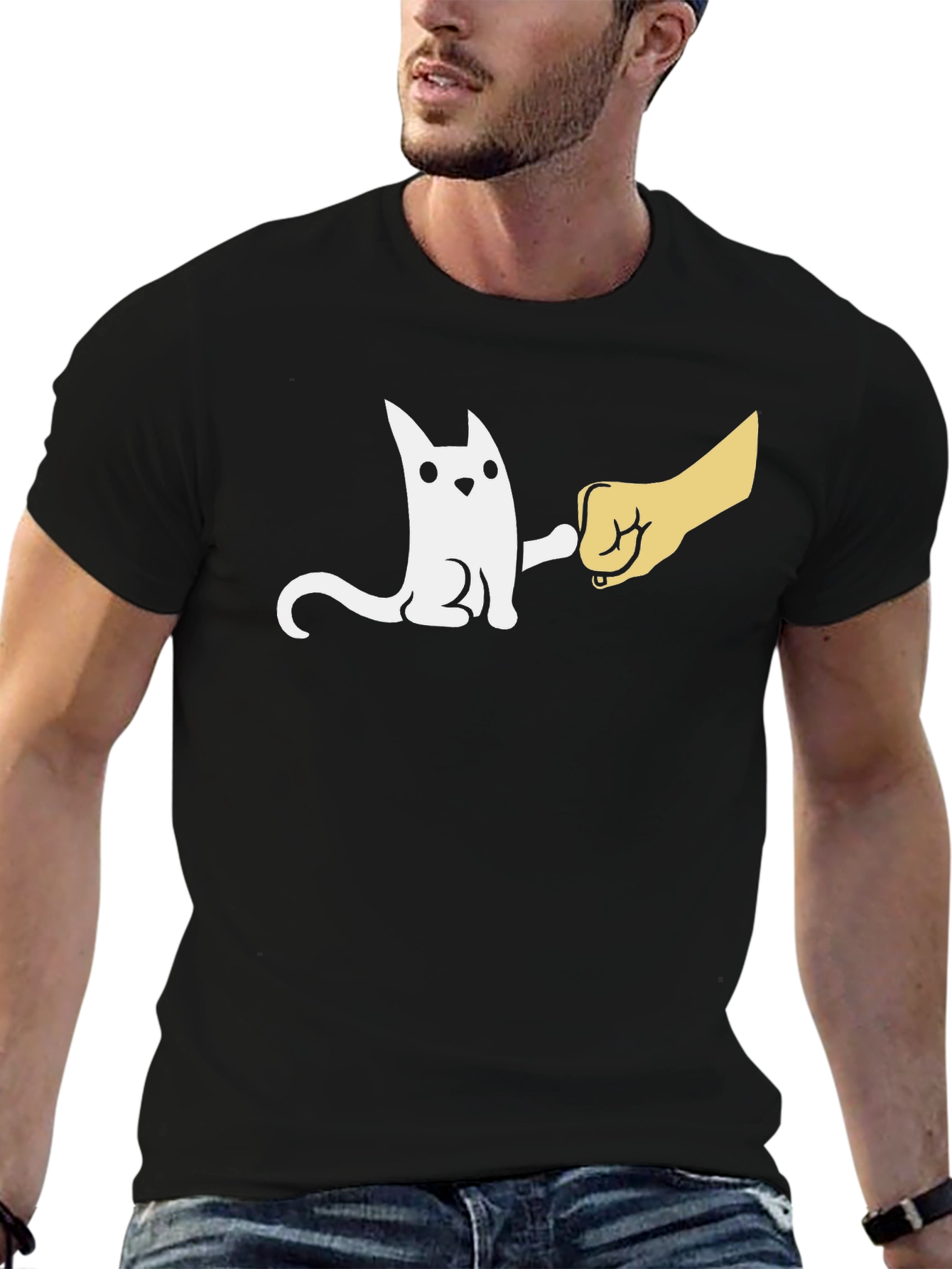 Black Cute Cat Fist Bump Graphic Black T-Shirt view 6